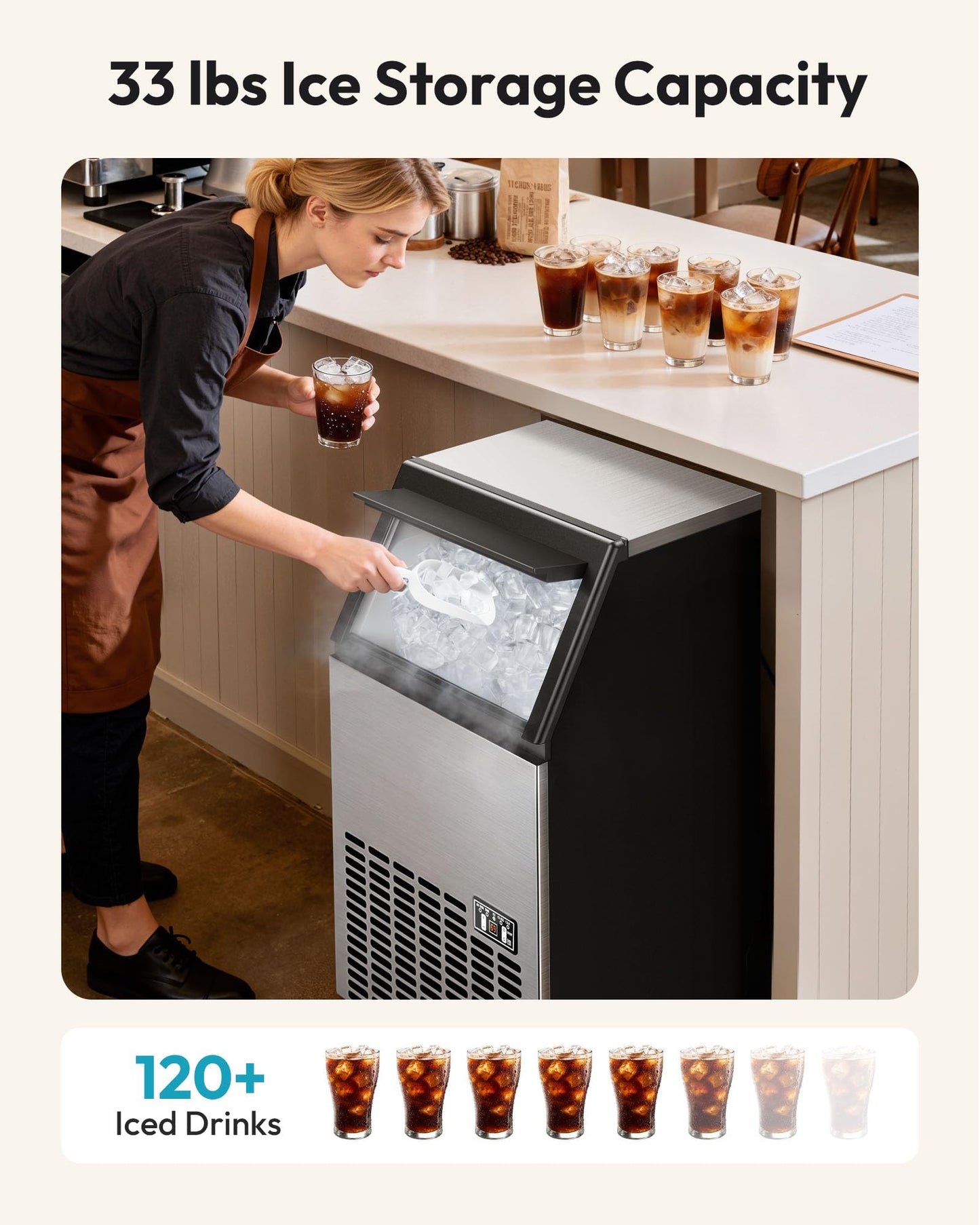 EUHOMY Commercial Ice Maker Machine - 100lbs Daily Production, 33lbs Ice Storage, Stainless Steel Freestanding & Under Counter Ice Maker, Ideal Ice Maker for Home/Bar/Restaurant/Outdoor Activities