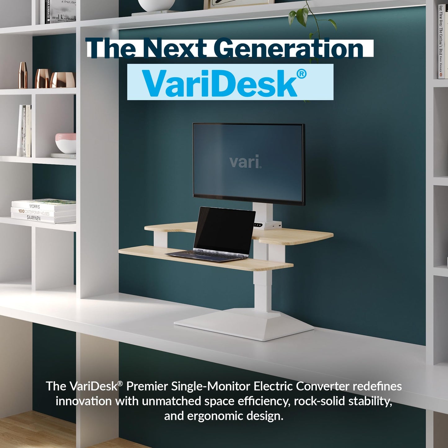 Vari VariDesk Premier Electric Converter - Standing Desk Height Adjustable Riser - Stand Up Converter for Home Office Workspace - Single Monitor Mount Computer Workstation (Light Wood)