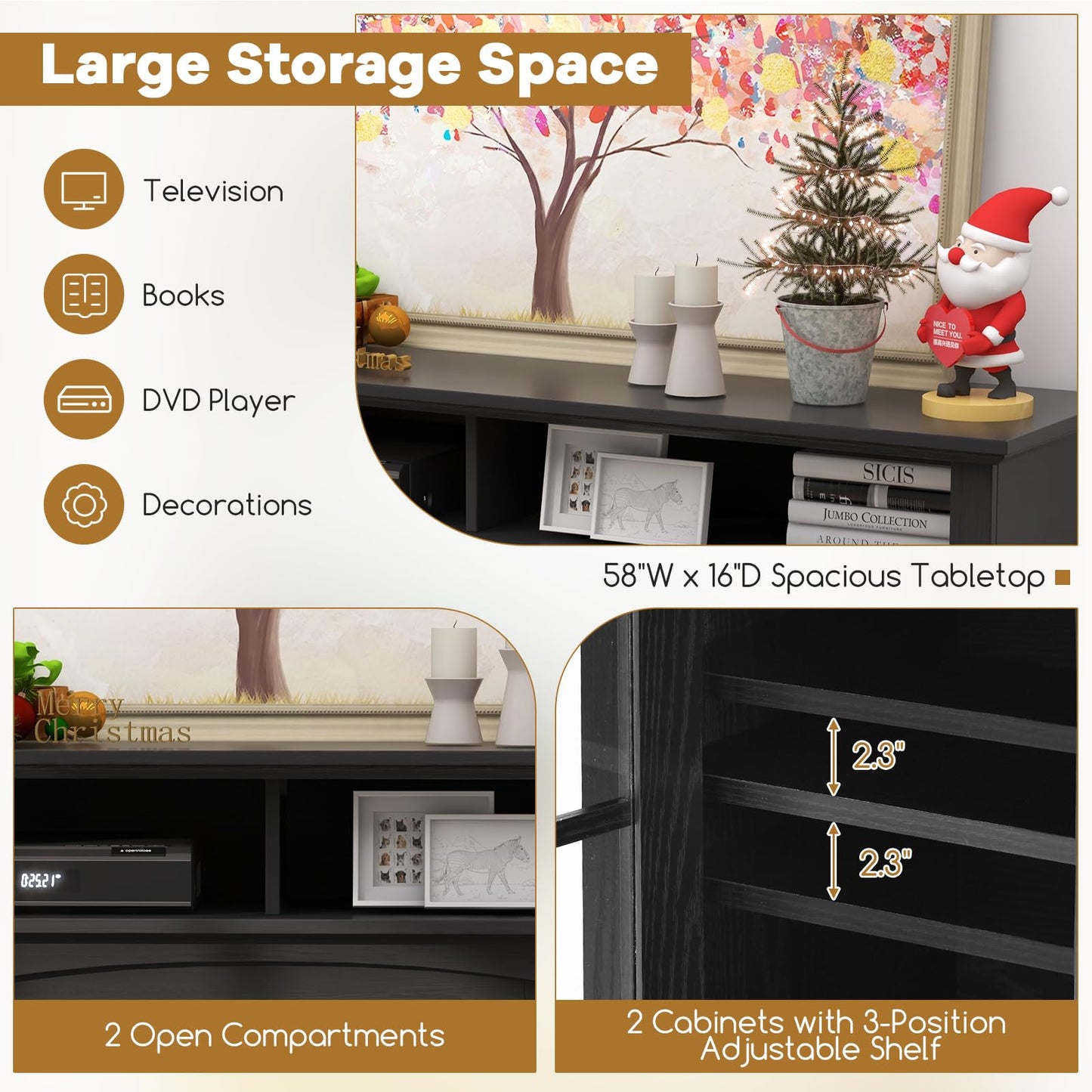 CLEEMAN Electric Fireplace TV Stand for TVs up to 65”, Media TV Console w/ 23” Fireplace Insert Heater, Remote Control, 3-Level Flame, Overheat Protection, Entertainment Center for Living Room (Black)