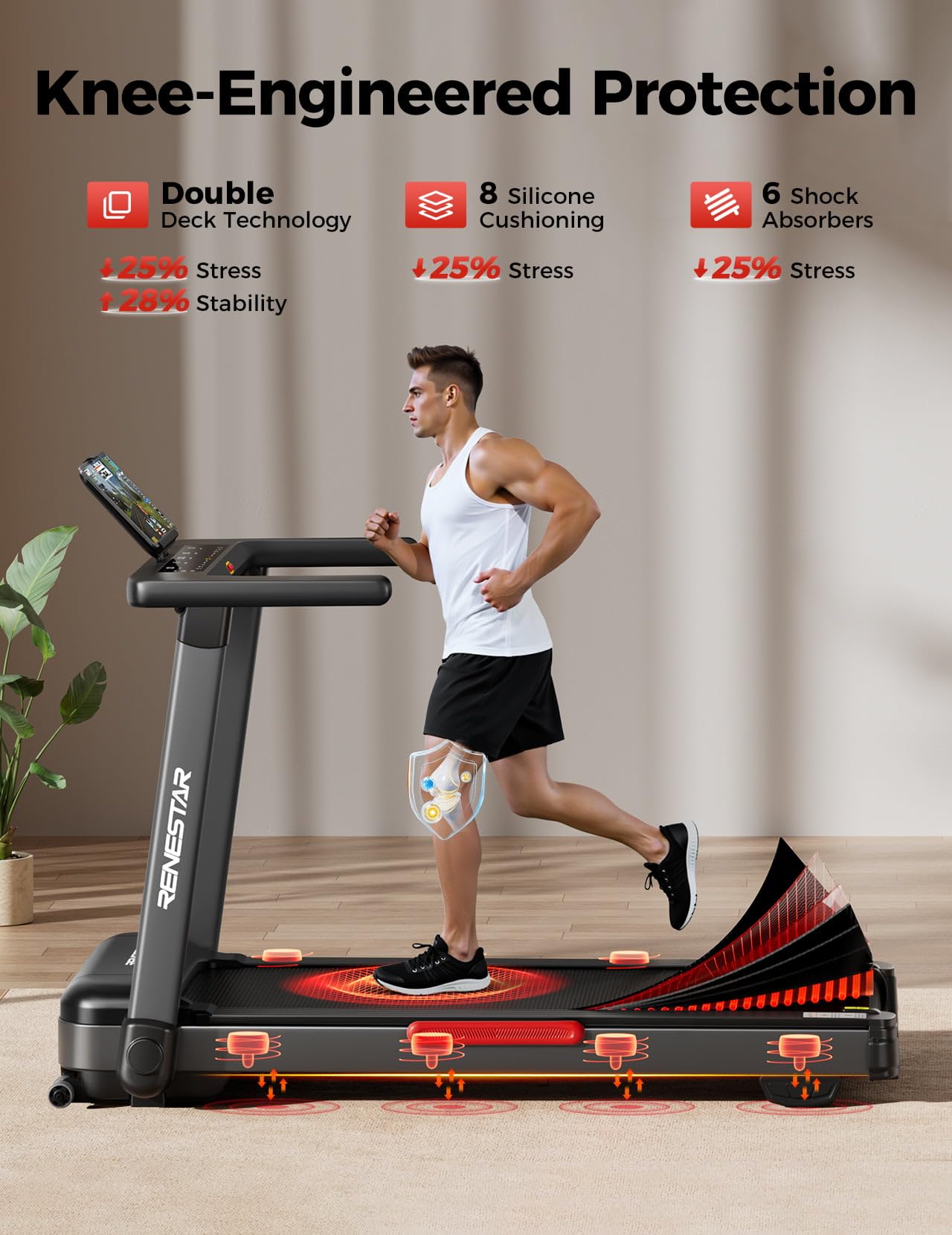 Renestar Treadmill for Home with 25% Auto Incline - 8.5MPH Max Speed, Extra Large LED Touchscreen, 300LBS Capacity, 3.5HP Home Office Treadmills for Running Jogging Walking