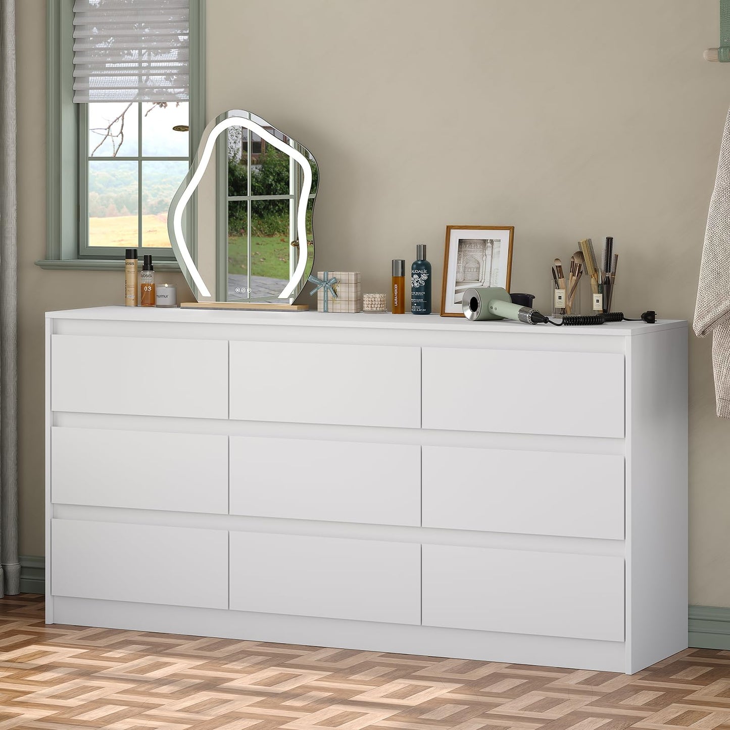 Furniouse Modern 9 Large Storage Drawers Dresser for Clothes Organizer, White Modern Chest of Drawers for Closet, 60" Long Drawer Organizer Cabinet for Bedroom,Living Room,Entryway,Hallway