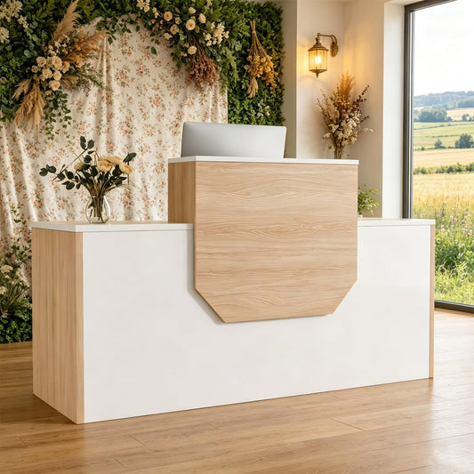 JFazzruit Reception Desk with Counter,63" Front Reception Counter with Cable Grommet and Storage Cabinet, Wooden Receptionist Desk with Drawers for Office, Salon, Retail & Lobby Checkout(White)