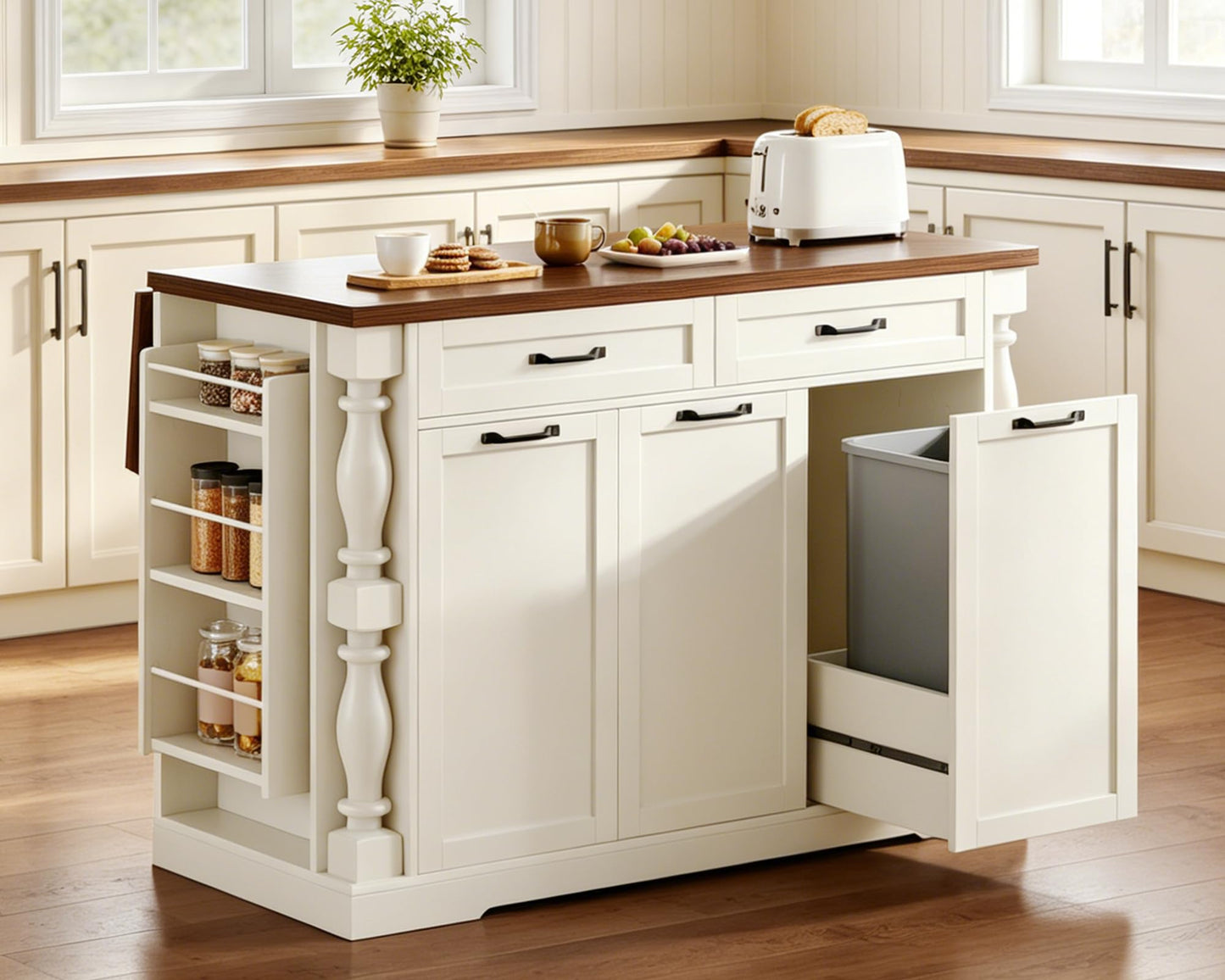 Homiflex Kitchen Island with Power Outlet & Trash Cabinet, 47.6" Roman Style Rolling Kitchen Island with Drop Leaf Tabletop 11.8", Kitchen Cart with Spice Rack & Drawers & Cabinets Coffee Bar Station