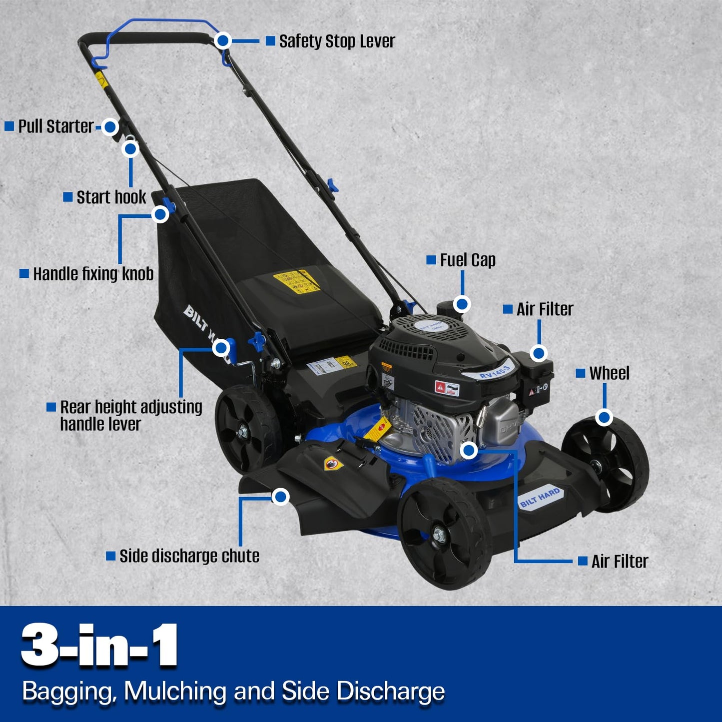 BILT HARD 21 Inch Lawn Mower Gas Powered, 4-Cycle 144cc Engine, 3-in-1 Push Lawnmower with Bagging, Mulching & Side Discharge, Adjustable 8-Positions Cutting Height, Easy Start