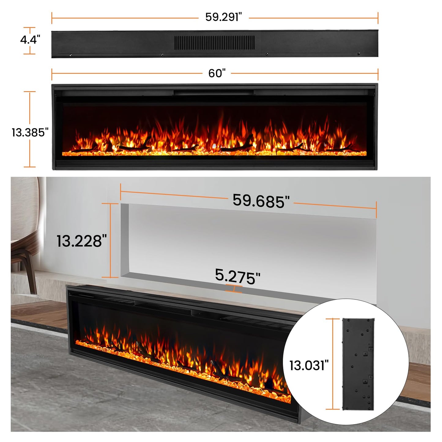 TUAN 60 Inch Electric Fireplace,Ultra-Thin Electric Fireplace Inserts,Recessed & Wall-Mounted Fireplace, Adjustable Flame, Remote Control - Linear with Timer, 750/1500W