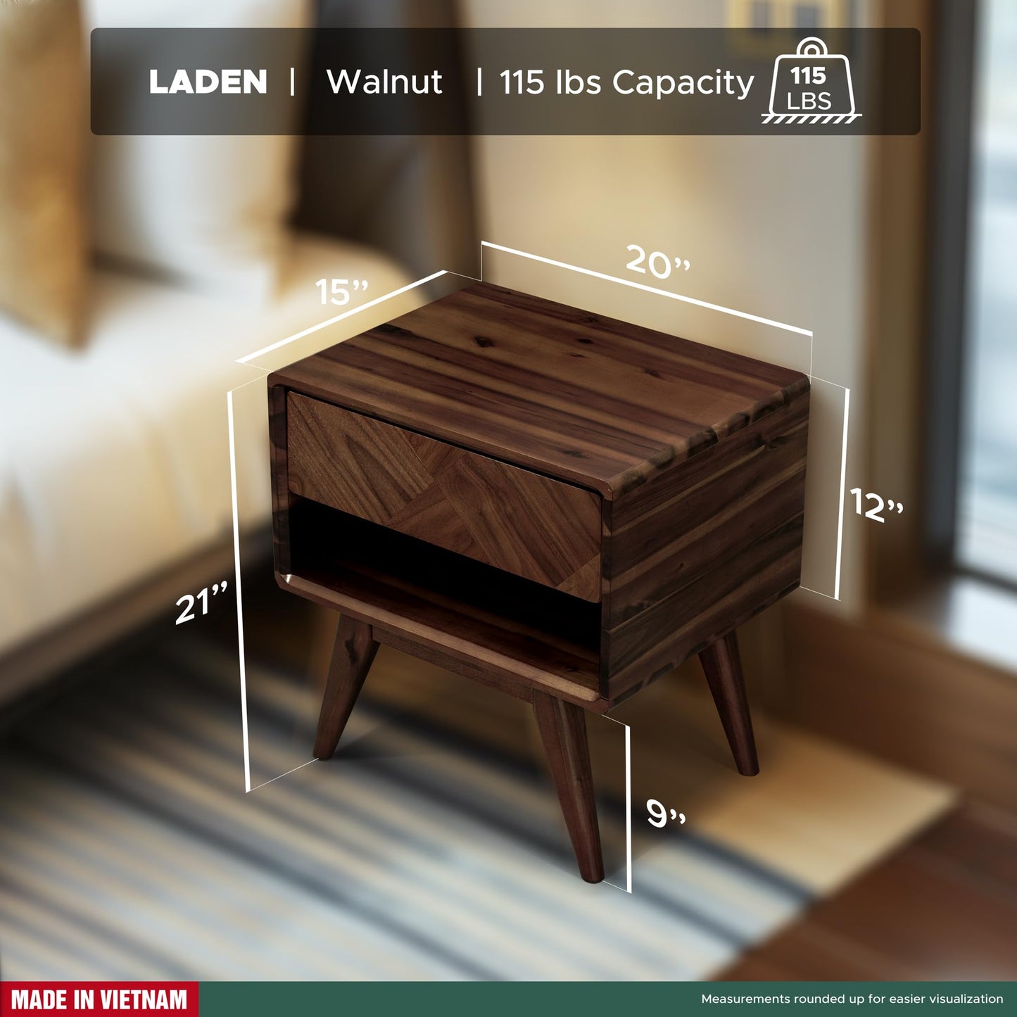 RORNS Laden Solid Acacia Wood Nightstand with Storage Drawer, Mid-Century Modern Art Deco Design, End Table for Bedroom & Living Room, Scratch & Water-Resistant, Easy Assembly, Walnut