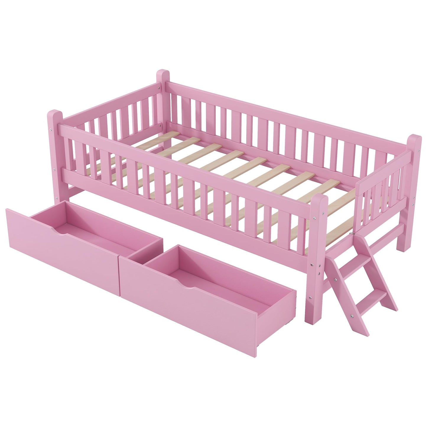 Bellemave Twin Size Kids Montessori Bed with Stairs,Solid Wood Twin Size Kids Bed Frame with Storage Drawers for Girls Boys,Low-Profile,Pink