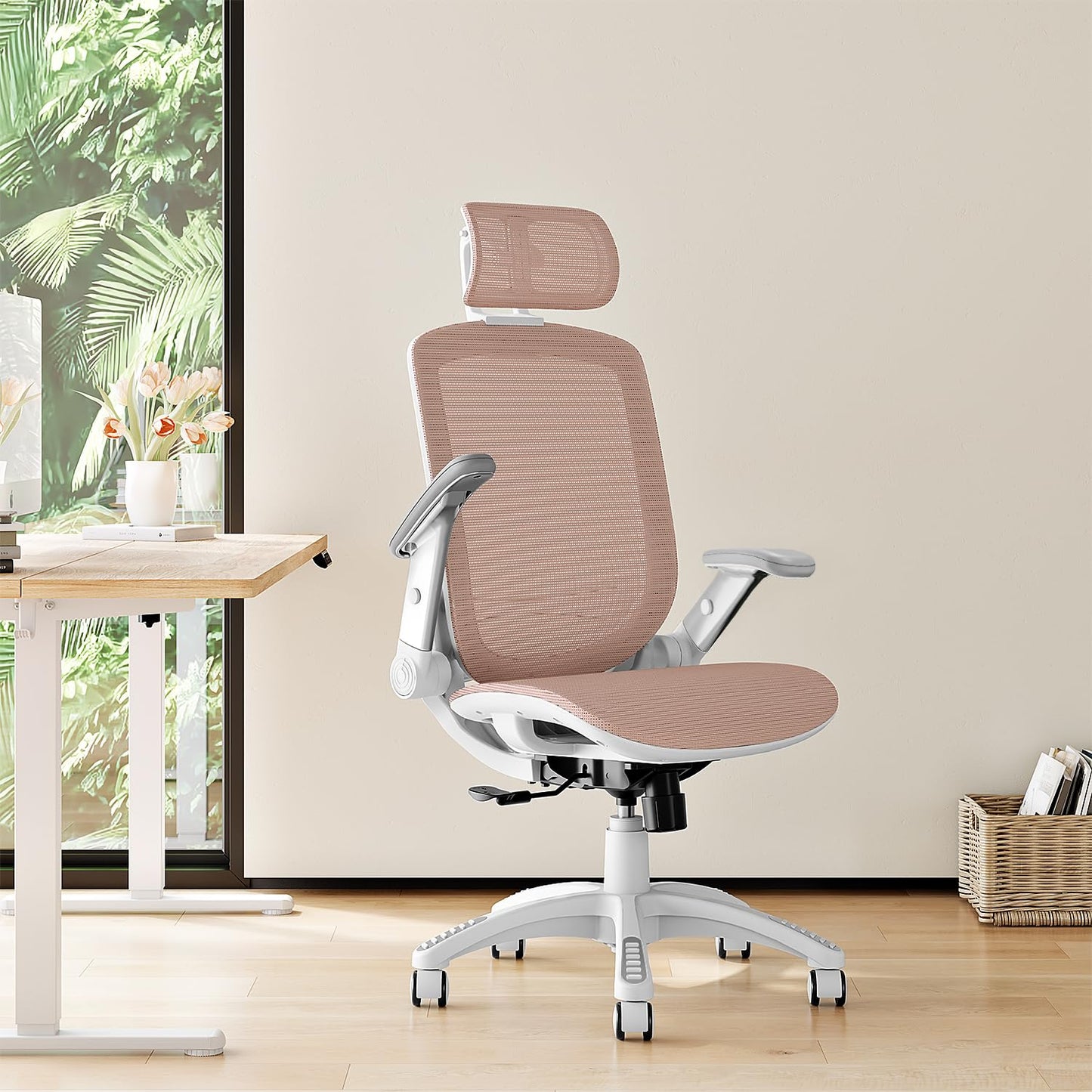 GABRYLLY Ergonomic Office Chair, High Back Home Desk Chair with Headrest, Flip-Up Arms, 90-120° Tilt Lock and Wide Cushion, 300LBS Mesh Chairs for Man Woman, White Task Chair(Pink,GY01WPK)
