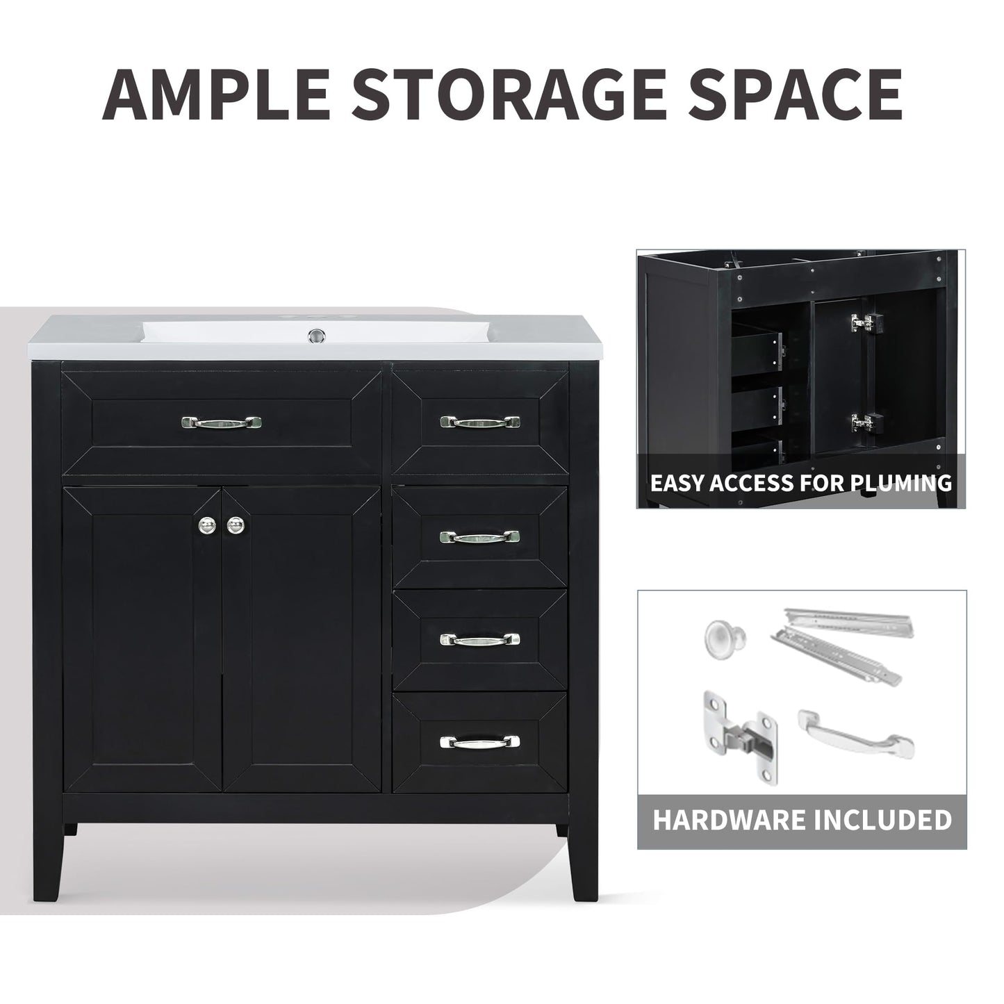 KTATK 36" Bathroom Vanity Without Sink,Cabinet Base Only,Solid Wood Cabinets Basin Vessel Set with 3 Drawers,Water-Proof,Stain Proof,Ample Enclosed Storage Spaces,Black