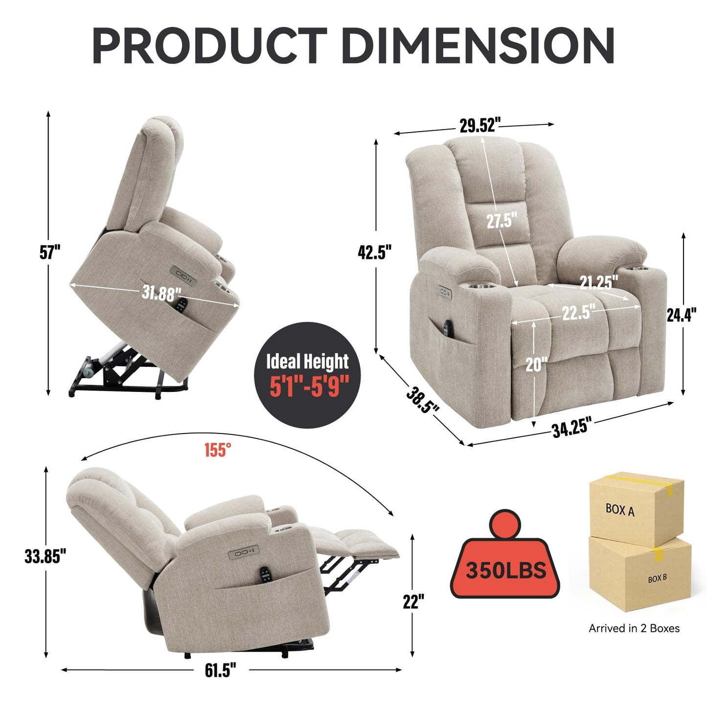 KEIKI Oversized Power Lift Recliner Chair with Heat & Massage, Reding Rocking Chair for Adults, High Seat Comfy Chenille Recliner with Side Pockets, USB Port, Cup Holders & Lumbar Support, Beige