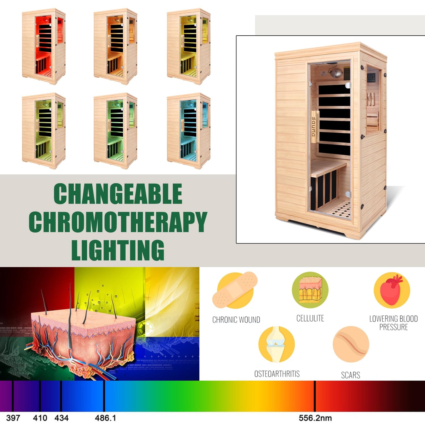 Far Infrared Sauna for 1 Person – 1050W with Bluetooth Speaker, Chromotherapy & Oxygen Ionizer, Indoor Home Sauna with Canadian Hemlock Wood, Relaxation for Home Gym Office – 27”x35”x63”