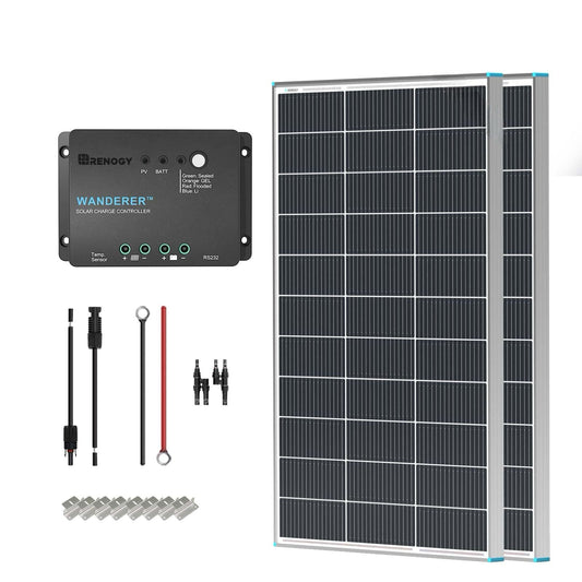 【New Upgrades】 Renogy 200 Watt Solar Panel Kit 12 Volt N-Type Starter Kit with 2 Pcs 100W Solar Panel and 30A PWM Charge Controller for RV, Boats, Trailer, Camper, Marine,Off-Grid System