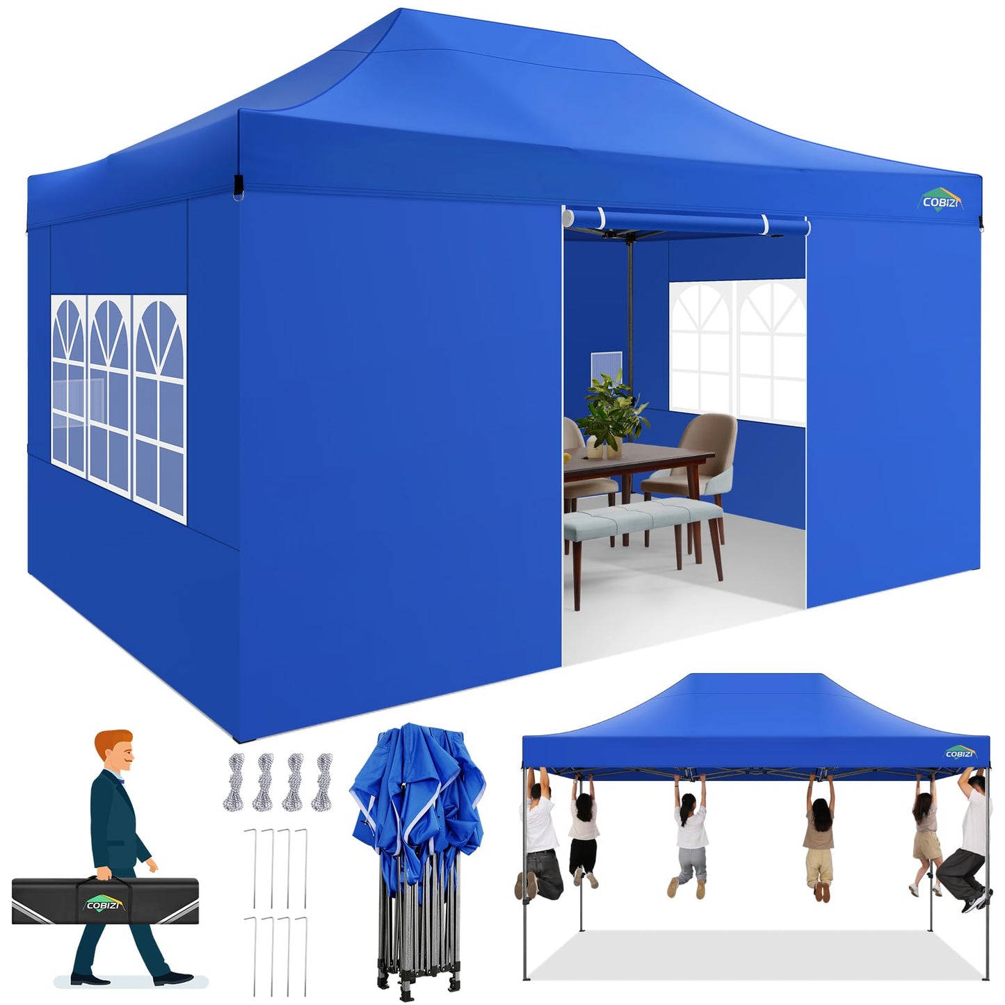 COBIZI 10x15 Pop up Canopy Gazebo 3.0, Easy up Heavy Duty Canopy with 4 Removable Sidewalls, High Stability, All Weather Sunshade 100% Waterproof Outdoor Canopy Tents with Carry Bag, Blue