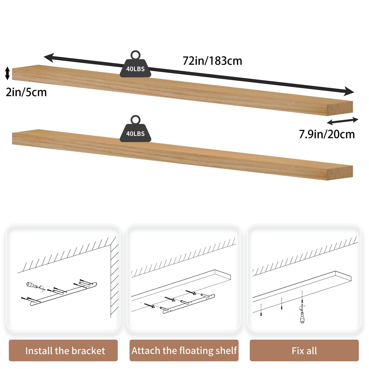 ONOTETUT 72 inch Long Floating Shelves for Wall,Solid Wood Long Wall Shelves Set of 2,Natural Wooden Mounted Shelf,Bookshelf Bathroom Shelves (Natural, 72 Inch)