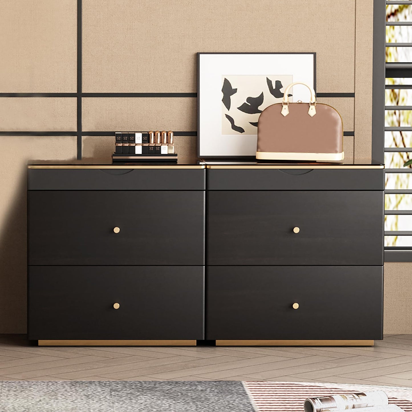 Lartis Nightstand with Glass Top - Night Stand with Drawer No Installation Required - Black Storage Nightstand Compartmentalized Storage, Large Capacity Drawer Tempered Glass
