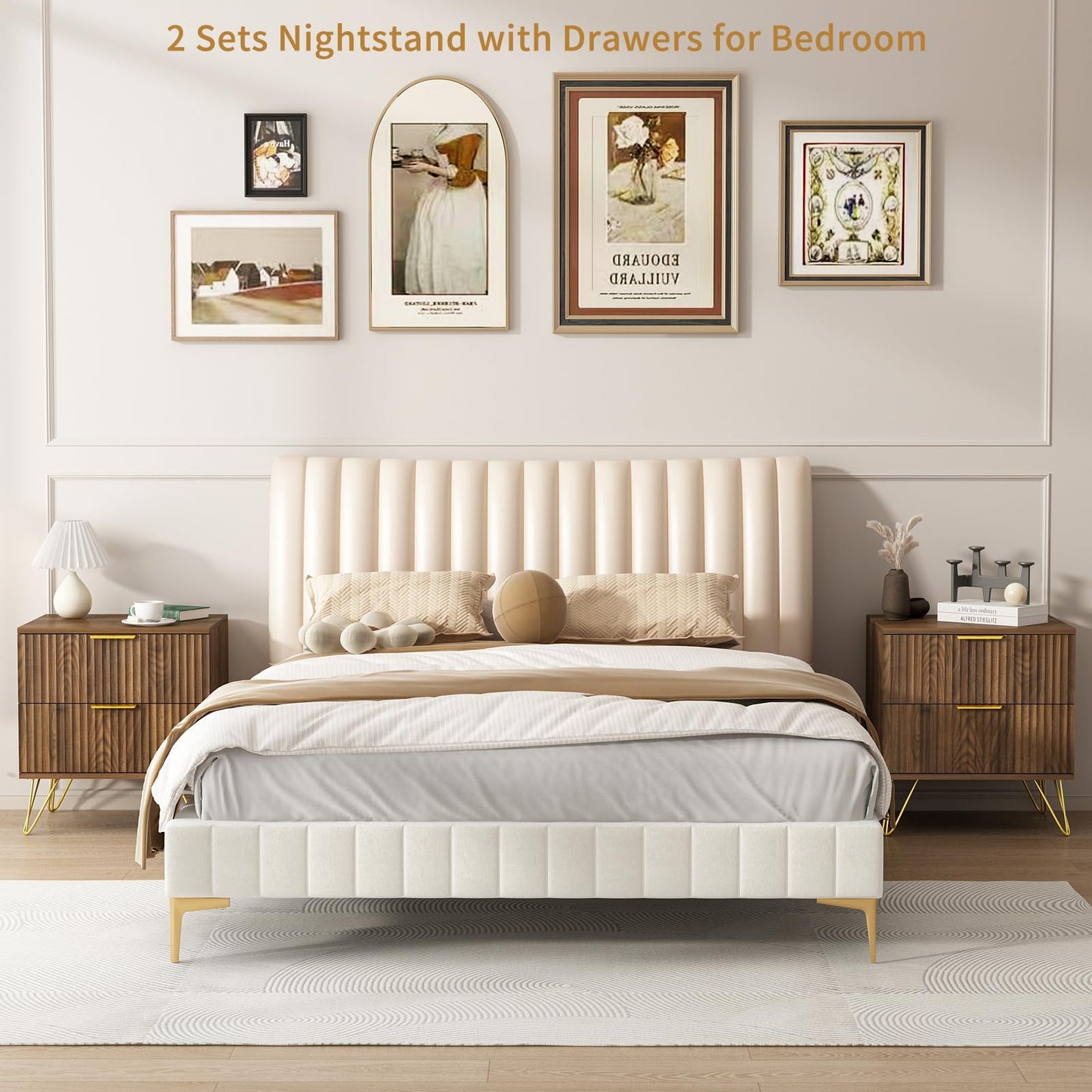 Sscaktu 7 Drawer Dresser and Nightstand Sets for Bedroom, 3 Pcs Bedroom Set，Night Stand Set of 2 & 7 Drawer Dresser with Gold Handles, Wood Chest of Drawers Mid Century Storage Cabinet Set, Natural