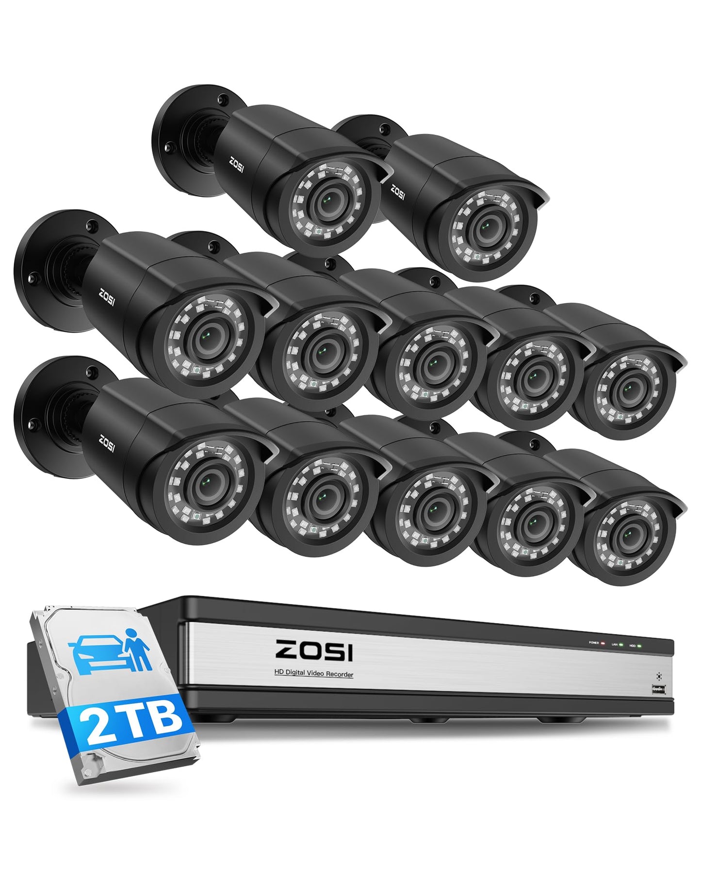 ZOSI 3K Lite 16 Channel Security Camera System Outdoor,AI Human Vehicle Detection,Night Vision,12pcs 2MP Weatherproof Surveillance Camera,H.265+ 16CH 1080P CCTV DVR with 2TB HDD for 24/7 Recording