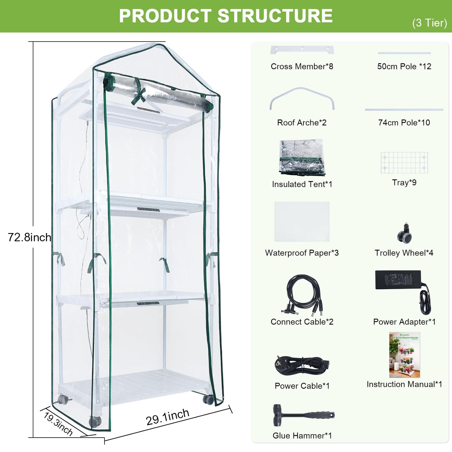 Mini Indoor Greenhouse with Grow Light, 3-Tier Portable Plant Greenhouse Cabinet with Wheels, 36W Full Spectrum LED, Waterproof PVC Tent Cover for Seed Starting, Herbs, Indoor Plants (Clear, 3 Tier)