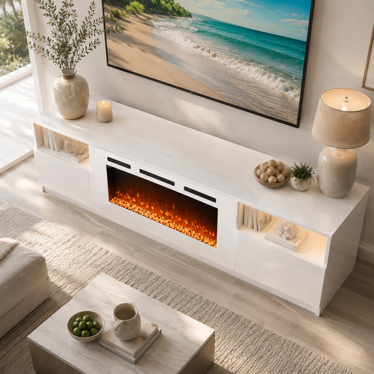 OneBlis 70" Fireplace TV Stand for TVs Up to 80",Entertainment Center with 36” Electric Fireplace and 12 Colors LED Lights,Large TV Console with Storage Cabinet for Living Room,All White