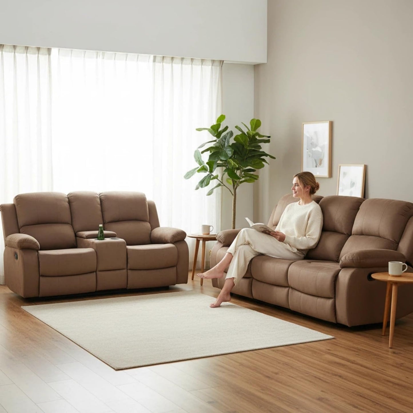 Trygoal Manual Recliner Sofa Set, Pineapple Velvet Reclining Living Room Furniture Set, Adjustable Backrest Reclining Loveseat Sofa and a 3 Seater Couch Furniture Set for Living Room, Brown