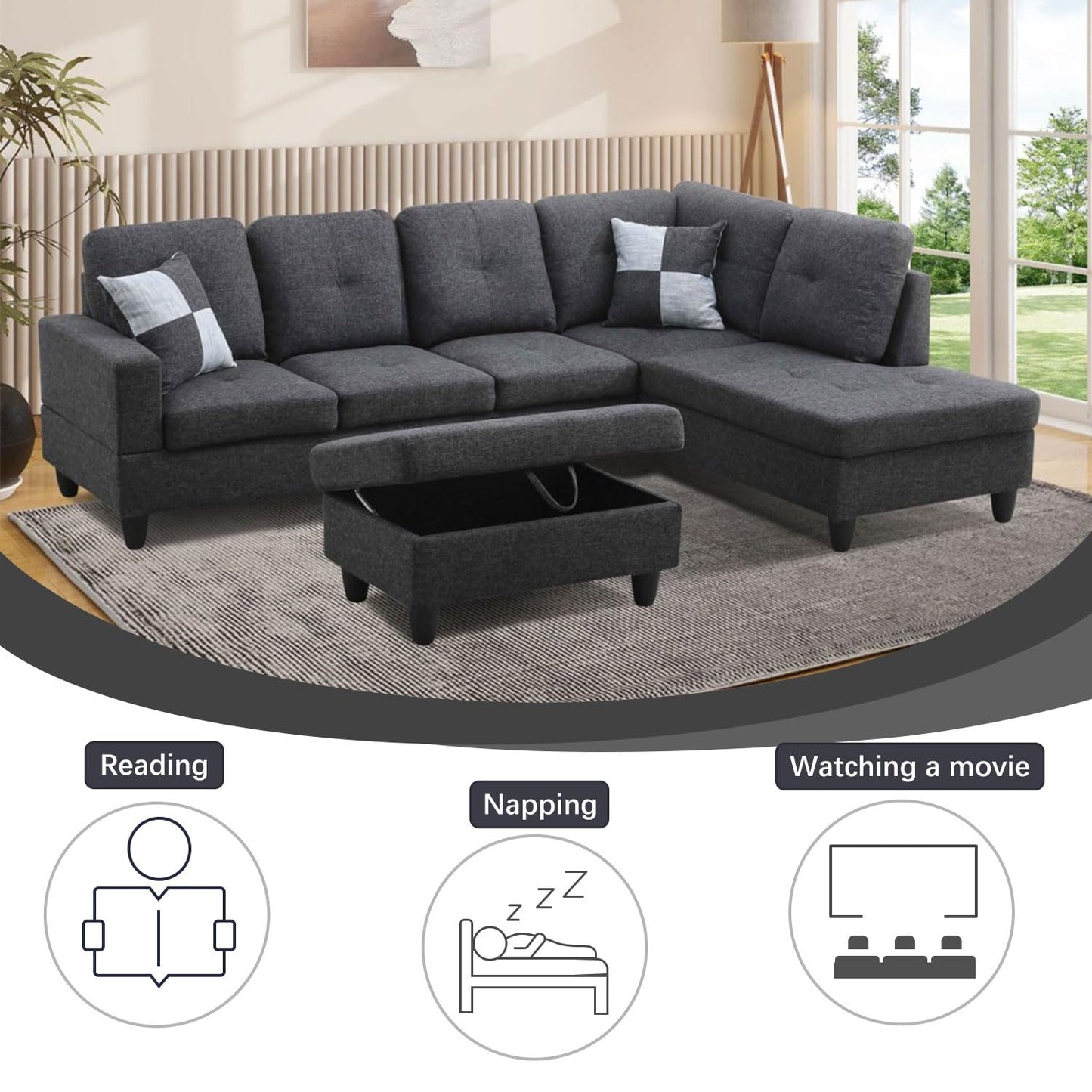 UOCFYK L-Shaped 3-Piece Flannel Sofa with Storage Ottoman Set, Sectional Couch Sofa Set for Living Room, Office, Small Space, Black Grey
