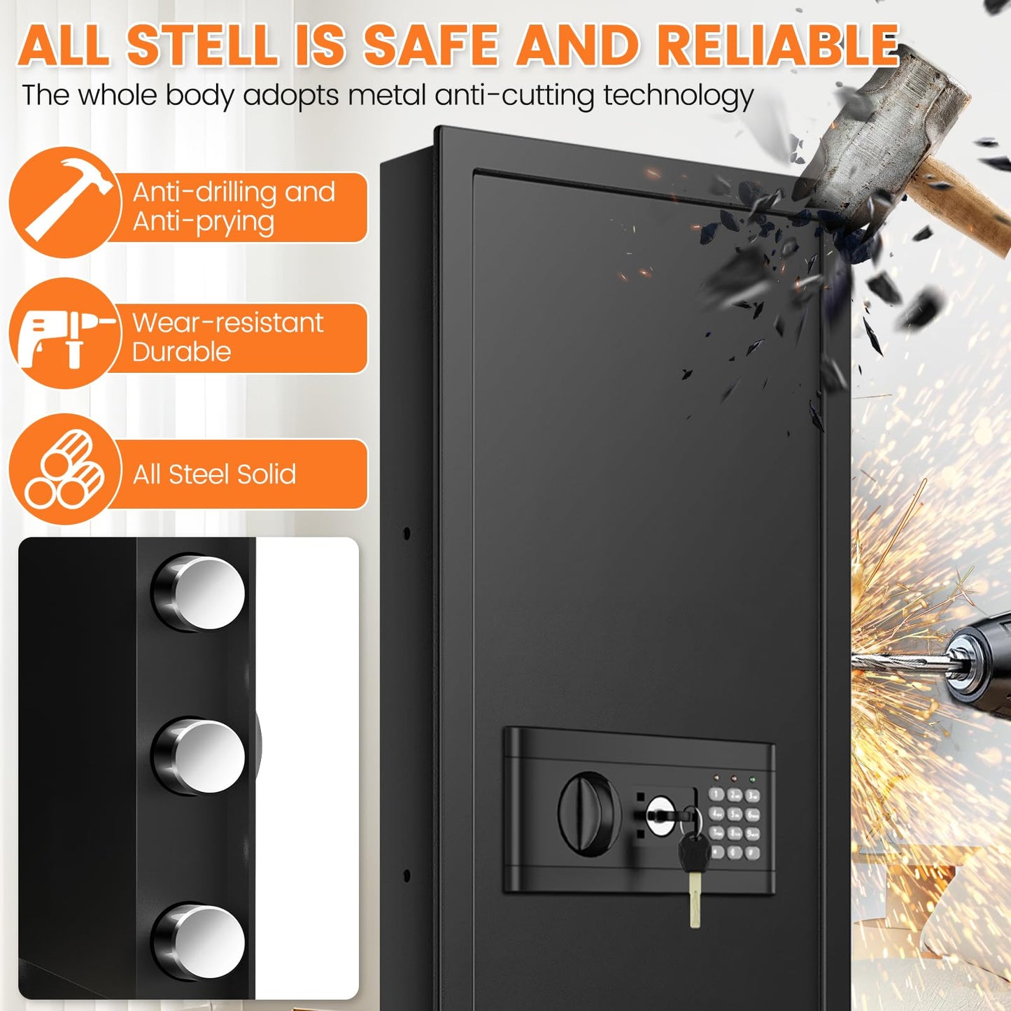 47.3" Tall Fireproof Wall Safes Between the Studs 16" Centers, Large Hidden Flush Wall Safe with 4 Removable Shelf & 6 Key Hooks, 48LB Heavy Duty In Wall Safe for Home, Money, Jewelry, Valuables