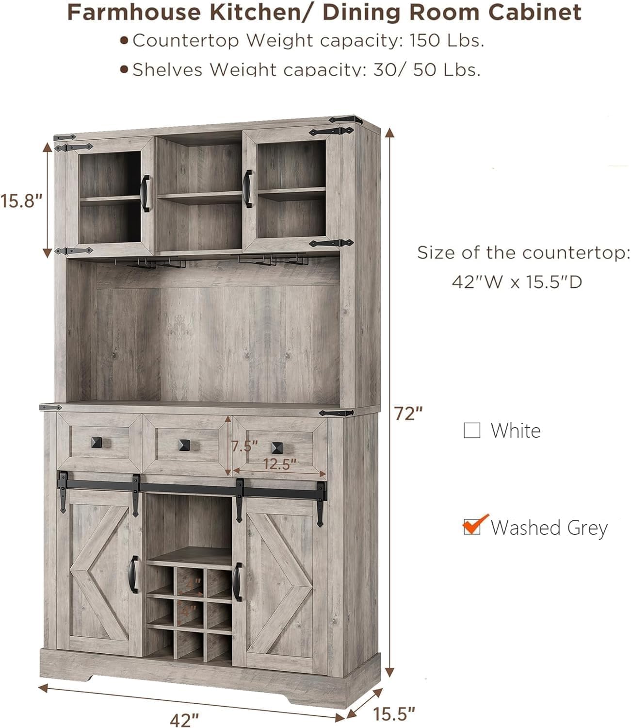 MegaChoice 72" Farmhouse Bar Cabinet with Sliding Barn Door, Tall Kitchen Buffet with Storage Hutch and 3 Drawer, Wine & Glasses Rack, Rustic Coffee Wine Bar Sideboard for Living Room