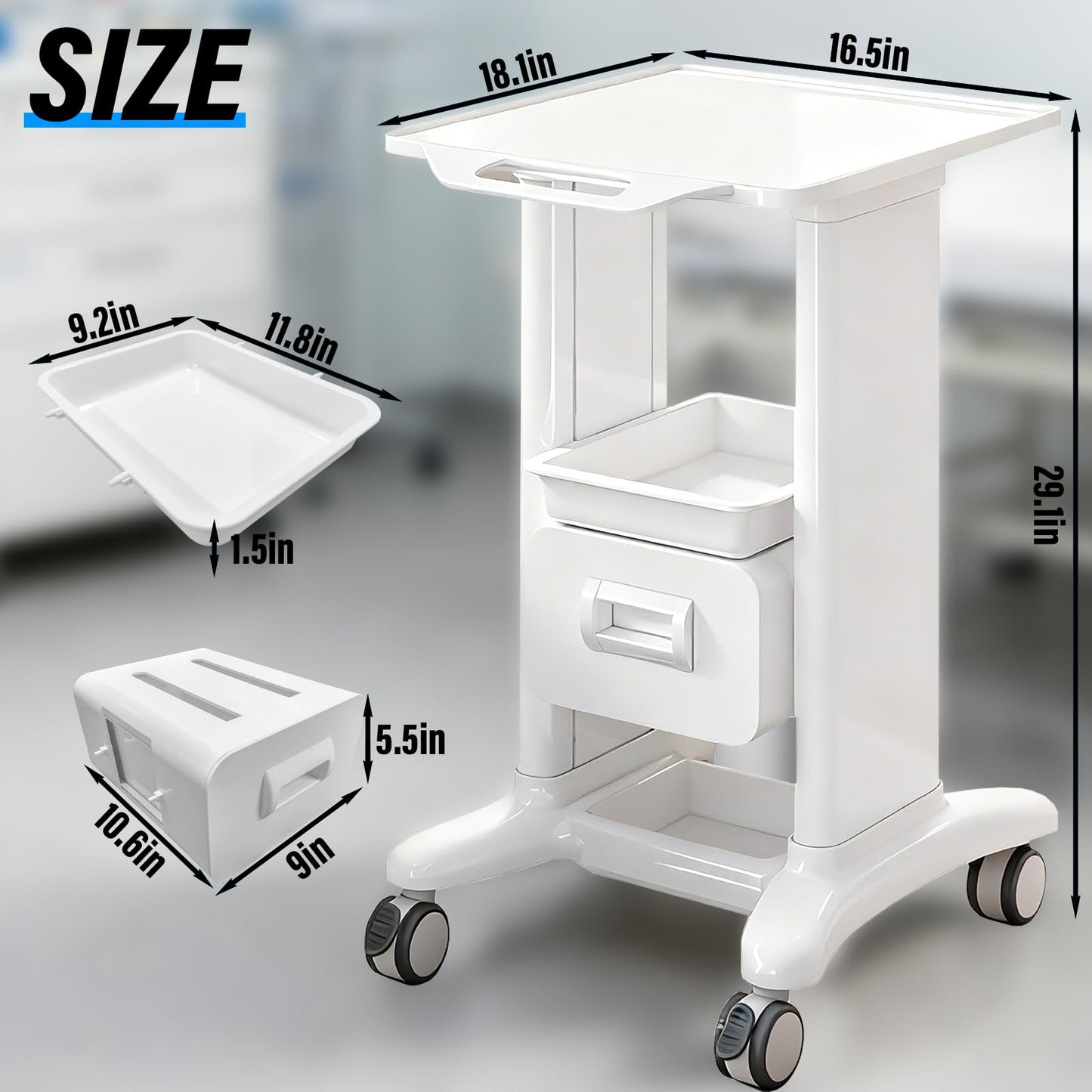 Medical Trolley Cart Mobile with Drawers, Hospital Ultrasound Cart with 4 Silent Swivel Wheels, Portable Medical Trolley Carts, 225 LBS Load, for Beauty, Salon, Clinic and Lab (White, Single Drawer)