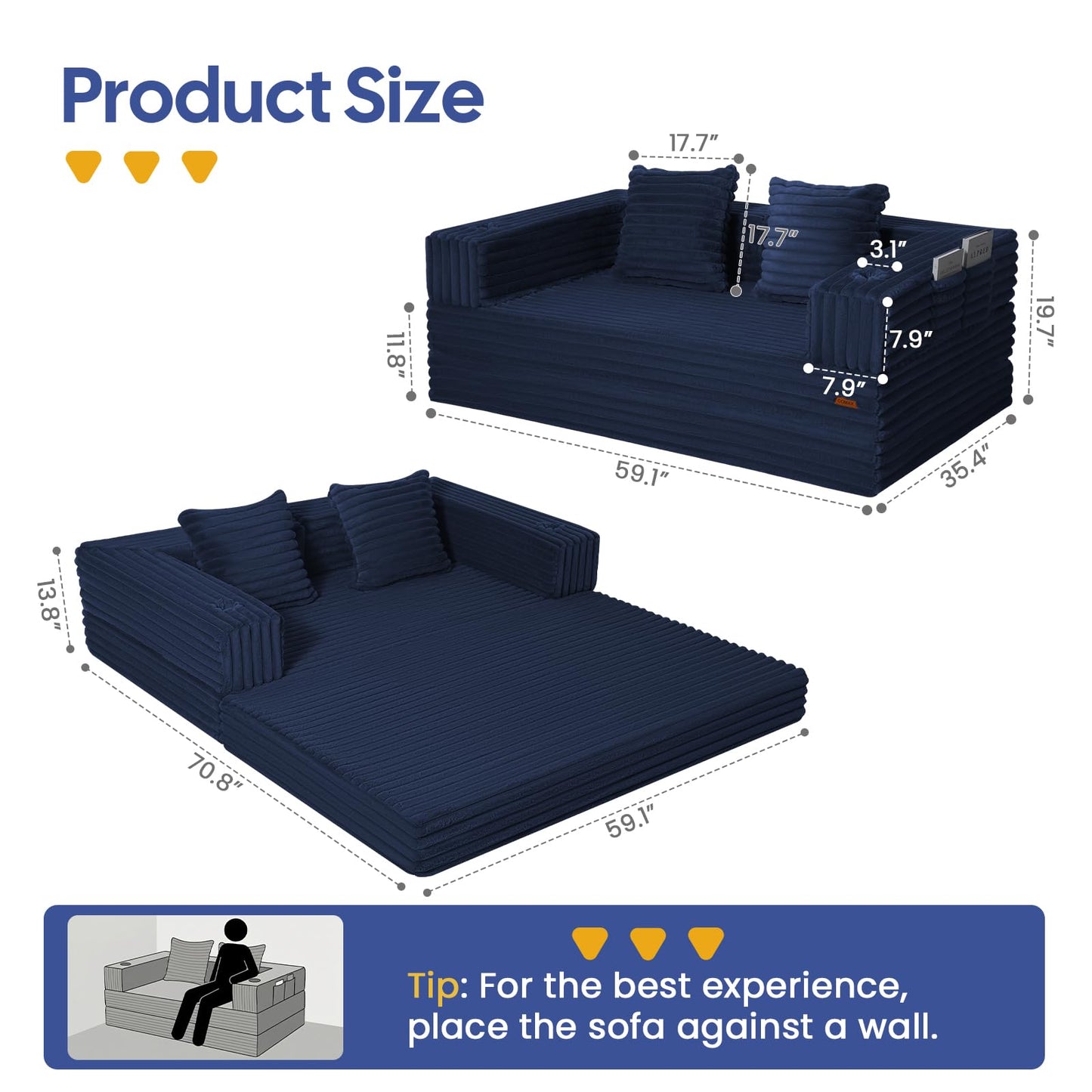 COMAX Futon Sofa Bed, 4‑in‑1 Convertible Sofa Bed, Boneless Couches for Living Room, Fold Out Small Foldable Loveseat Space‑Saving, Classic Navy