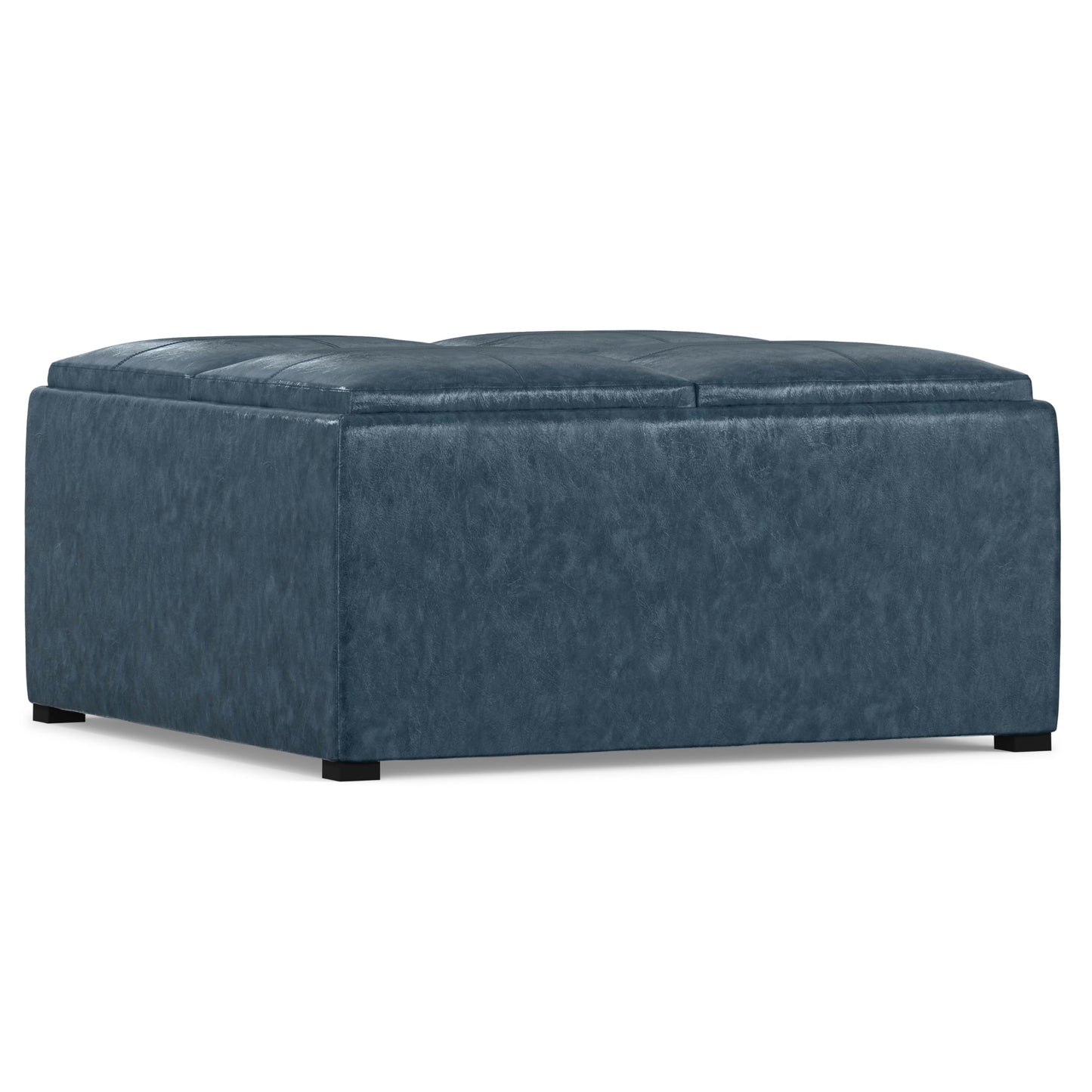 SIMPLIHOME Avalon 35 inch Wide Contemporary Square Coffee Table Storage Ottoman in Denim Blue Vegan Faux Leather, Assembled, For the Living Room and Bedroom