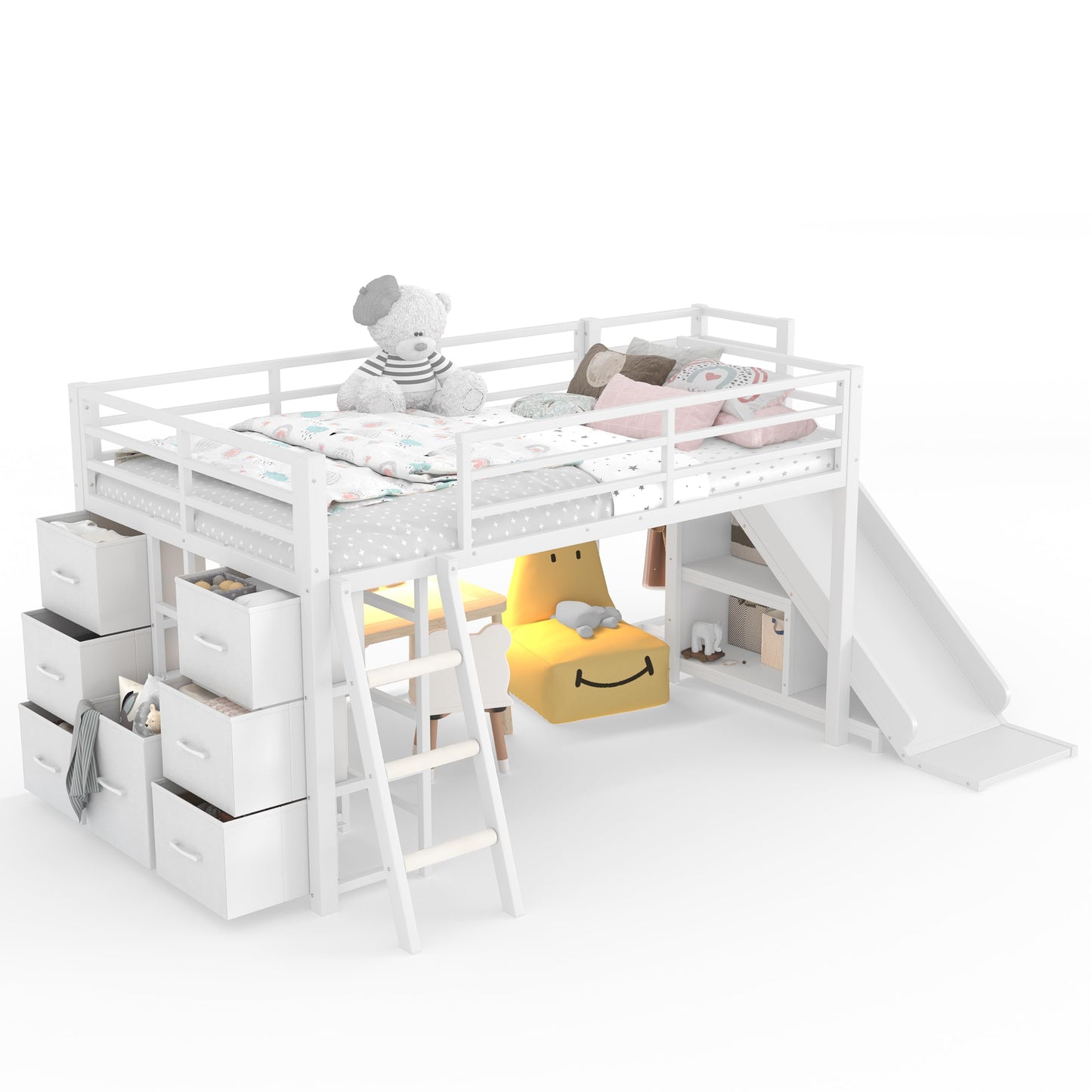 Bellemave Twin Low Loft Bed with Slide and LED, Metal Kids loft Bed with Storage Drawers and Hanging Area, 2 Assembly Methods, White