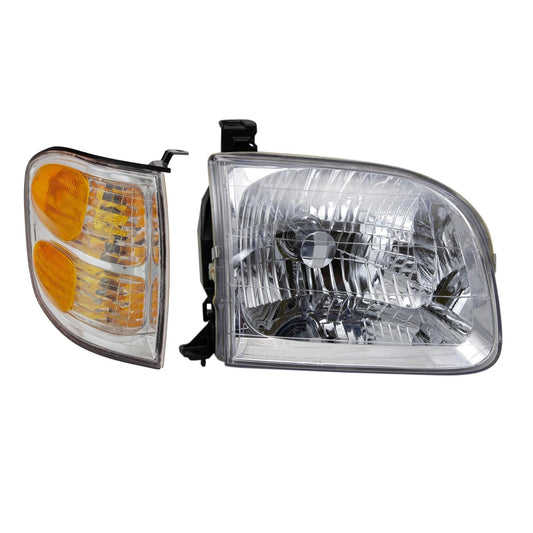TRQ Right Headlight & Corner Light Kit, Passenger Side, Fits 2001-2004 Toyota Sequoia/Tundra, Model LKA87339