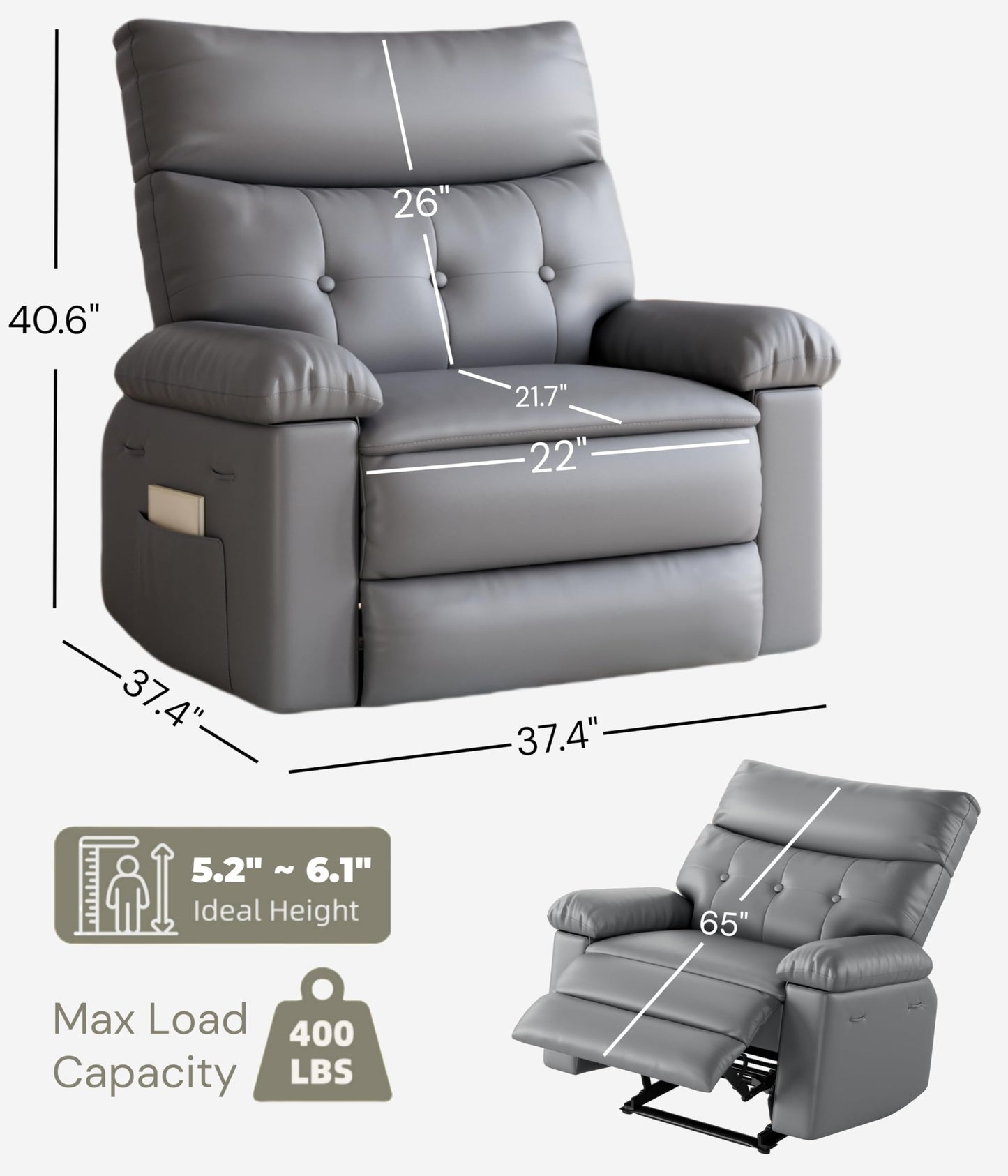 GarveeHome Oversized Recliner Chair - Faux PU Leather Manual Recliner for Adults, Lazy Chair with 1.5X Sponge Comfort Arm and Back for Living Room, Bedroom