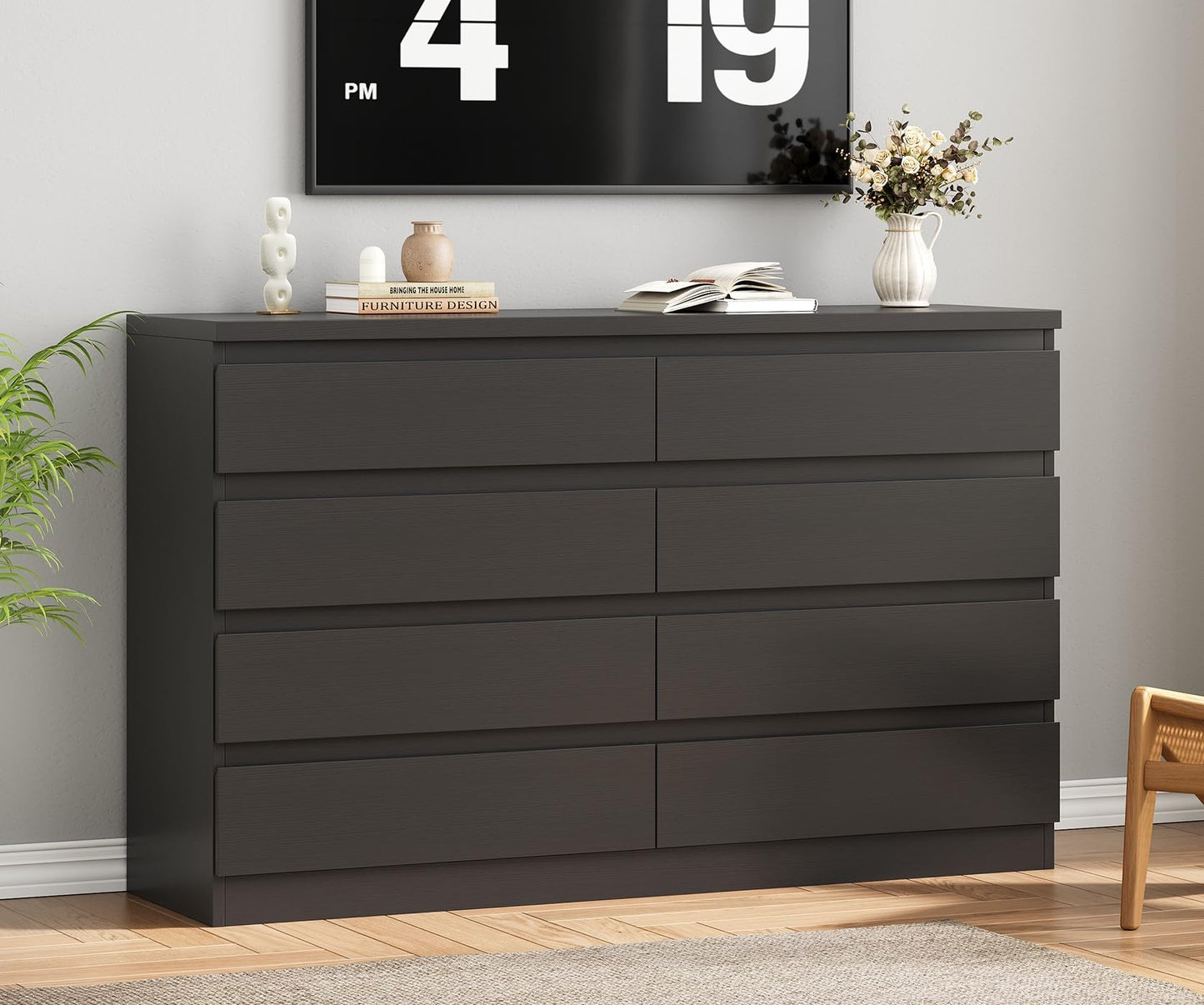 Jocoevol Modern Black 8 Drawer Dresser for Bedroom, 15.3" D x 55.2" W x 32.3" H Simply Chest of Drawers, Wood Storage Dresser with Deep Drawers for Living Room Hallway Entryway, Black