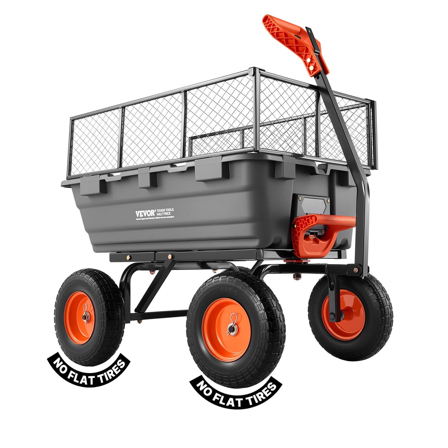 VEVOR 10 Cu.Ft 1200LBS Poly Garden Cart Dump Wagon, Heavy Duty Wheelbarrow with Convertible Handle and 13" Flat Free Tires, Outdoor Yard Wagon ATV Trailer Dump Cart Tow Behind for Lawn Mower Tractor