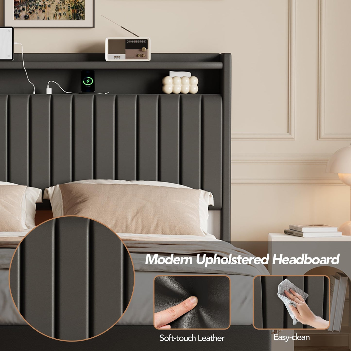 Queen Floating Bed Frame with LED Lights & Charging Station, Upholstered Leather Platform Bed Frame with Headboard, 50" Tall Floating Bed with Stable Structure, No Box Spring Needed,Black