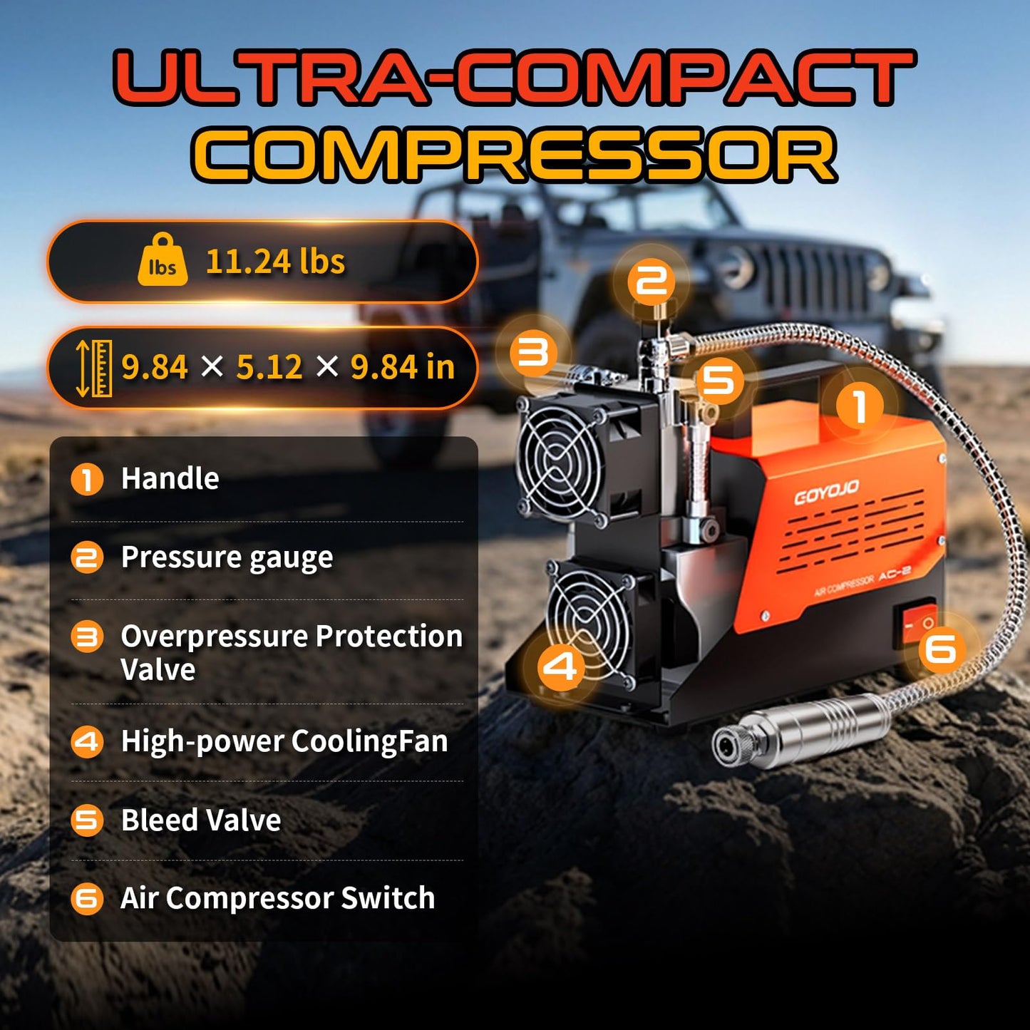 GOYOJO AC-2 PCP Air Compressor, 4500 PSI/30 MPa Portable Oil-Free Air Pump, Up to 45 Min Continuous Runtime, 12V DC & 110V/220V AC Converter, for PCP Airguns & HPA Paintball Tanks