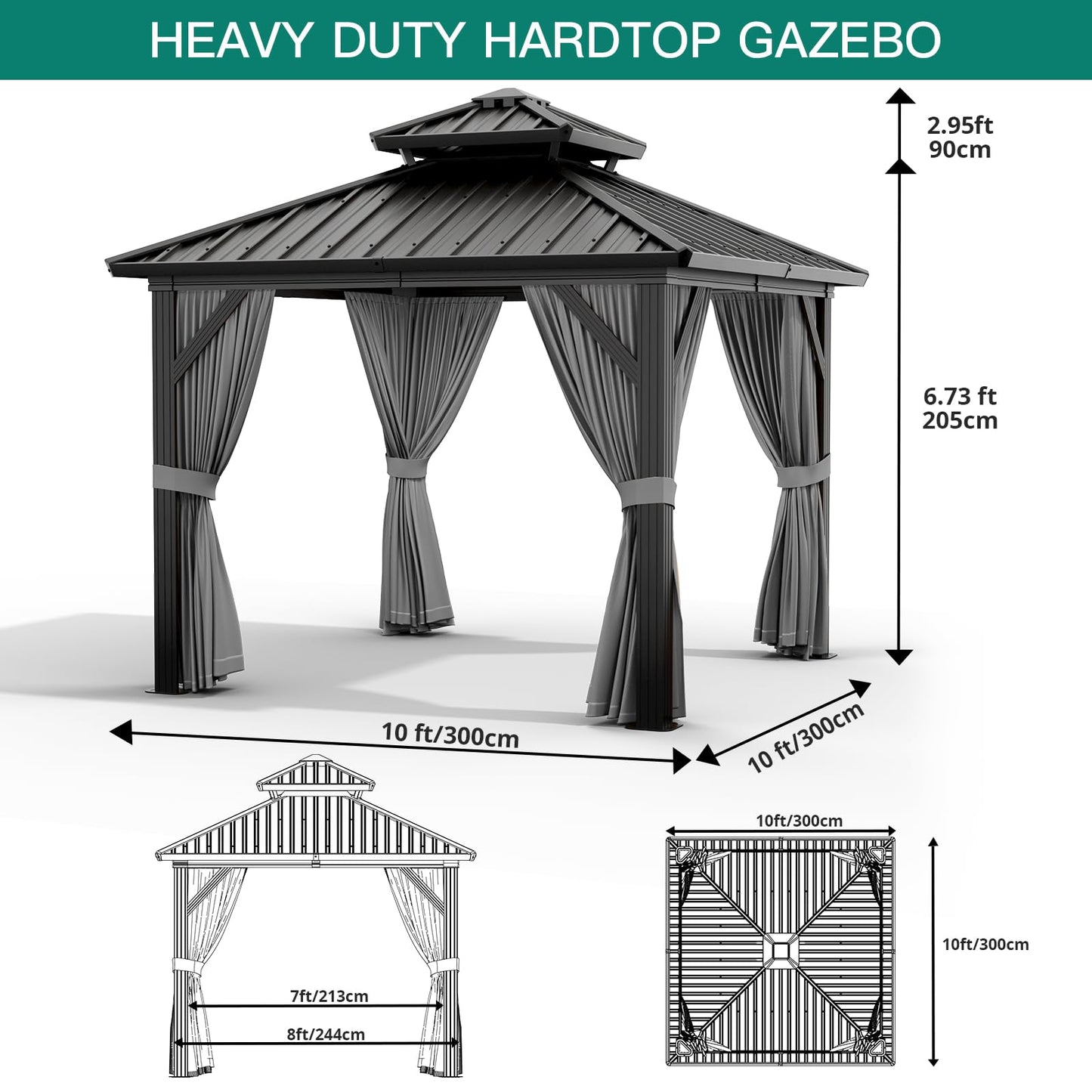 GAOMON 10x10ft Gazebo, Hardtop Double Roof Canopy with Netting and Curtains, Outdoor Gazebo Galvanized Iron Aluminum Frame Garden Tent for Patio, Backyard, Deck, Lawns (Gray)