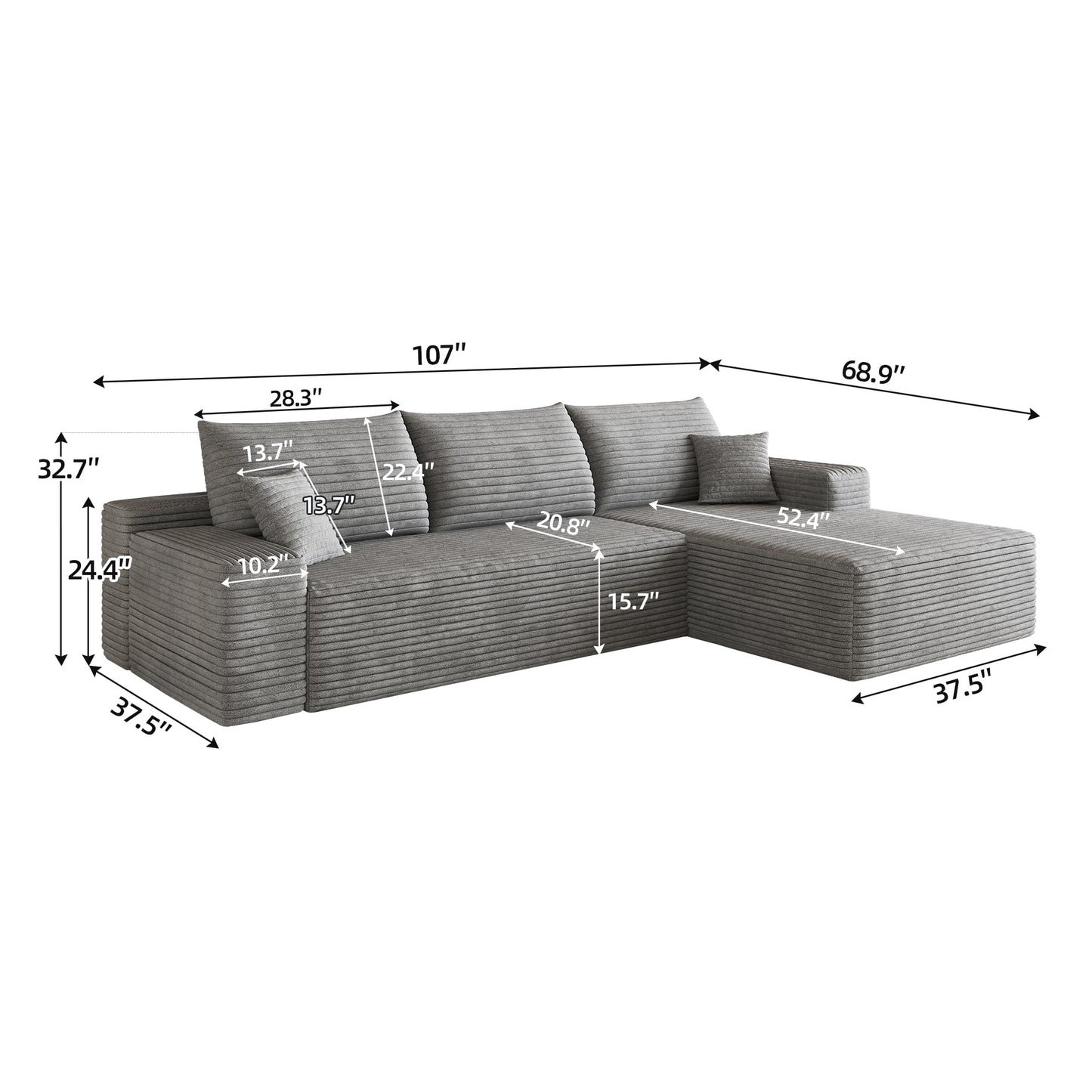 107" Oversized Cloud Sectional Sofa Boneless Couches for Living Room, Right Facing Chaise Modular L Shaped Corner Couch with Deep Seat, Memory Foam Compressed Sofa, No Assembly Required