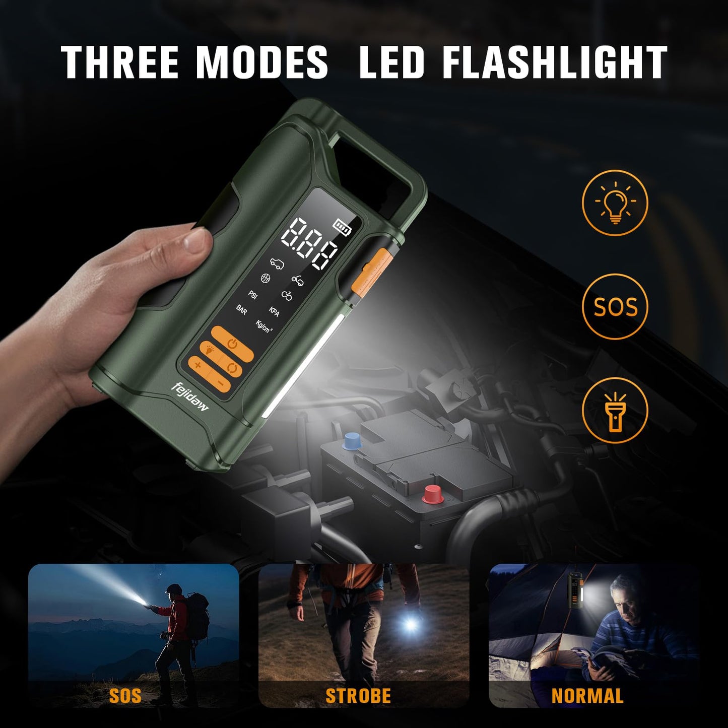 Jump Starter with Air Compressor,6000A Car Battery Jumper Starter, 20000mAh Battery Jumper Starter Portable for 10L Gas/Diesel Engine with 160PSI Booster,LED Display & Light,Jumper Cables