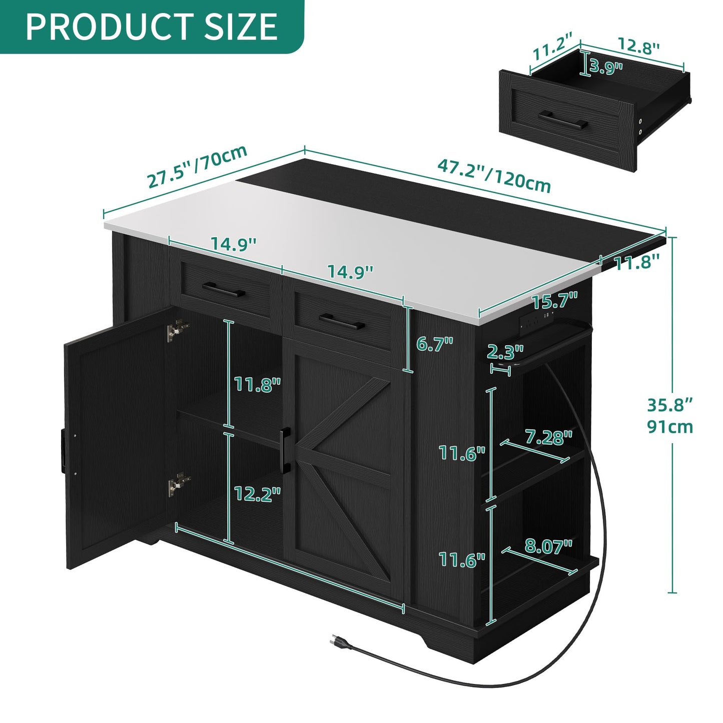 YITAHOME Kitchen Island with Drop Leaf, 47 Inch Mobile Stroage Islands with Stainless Steel Top, Rolling Island Table with Power Outlet, Adjustable Shelves, Spice Rack, Towel Rack for Kitchen, Black