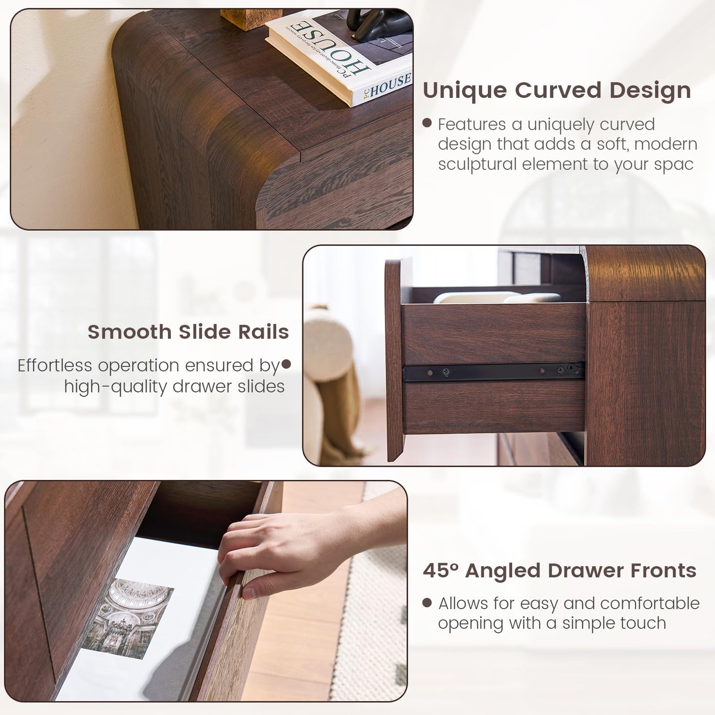 Standifurno 9 Drawer Double Dresser for Bedroom, Modern Curved Wood Chest Drawers of Handleless, Large Storage Dresser Bedroom, Living Room, Entryway, Walnut