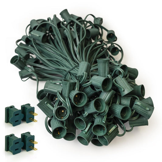 Christmas Designers Pro Christmas C9 Light Cord, 100 ft, 66 Bulb Sockets, 18” Spacing, Green Wire, 2 Sets of Plugs Included