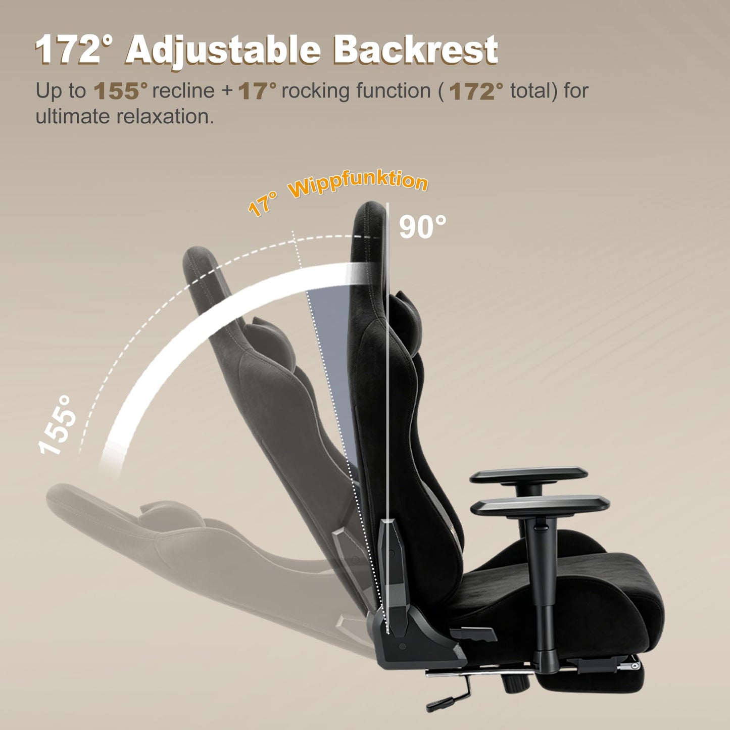 Symino Gaming Chair, Ergonomic Office Chair with 2D Armrests, 150° Recline, Breathable Faux Suede Fabric, Adjustable Headrest, Computer Desk Chair for Home Office, with Footrest, Black