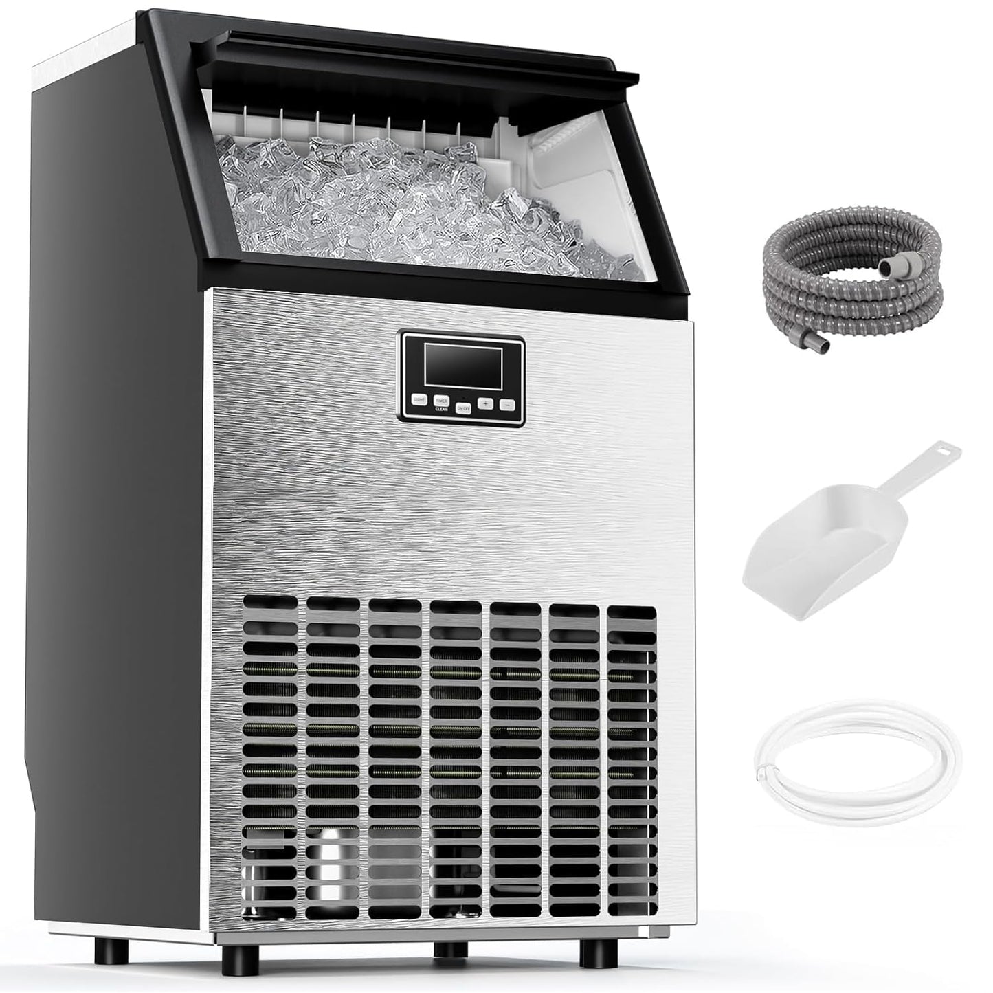 Commercial Ice Maker Machine, Ice Makers Stainless Steel Under Counter Ice Machine 120 Lbs/24H with 26.5 Pounds, 64 Ice Cubes in 12 Mins, Stainless Steel Freestanding Kitchen Ice Machines