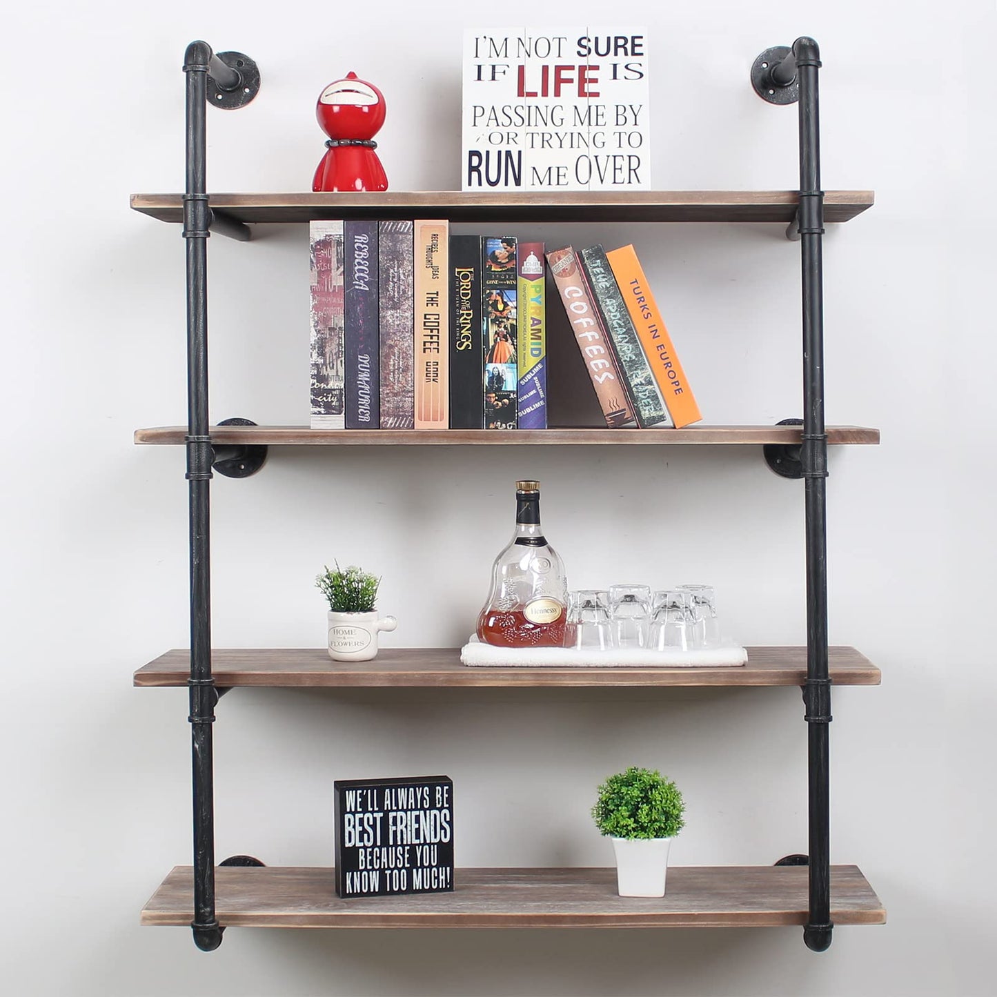 MBQQ Industrial Pipe Shelving Wall Mounted,48in Rustic Metal Floating Shelves,Steampunk Real Wood Book Shelves,Wall Shelf Unit Bookshelf Hanging Wall Shelves,Farmhouse Kitchen Bar Shelving(4 Tier)