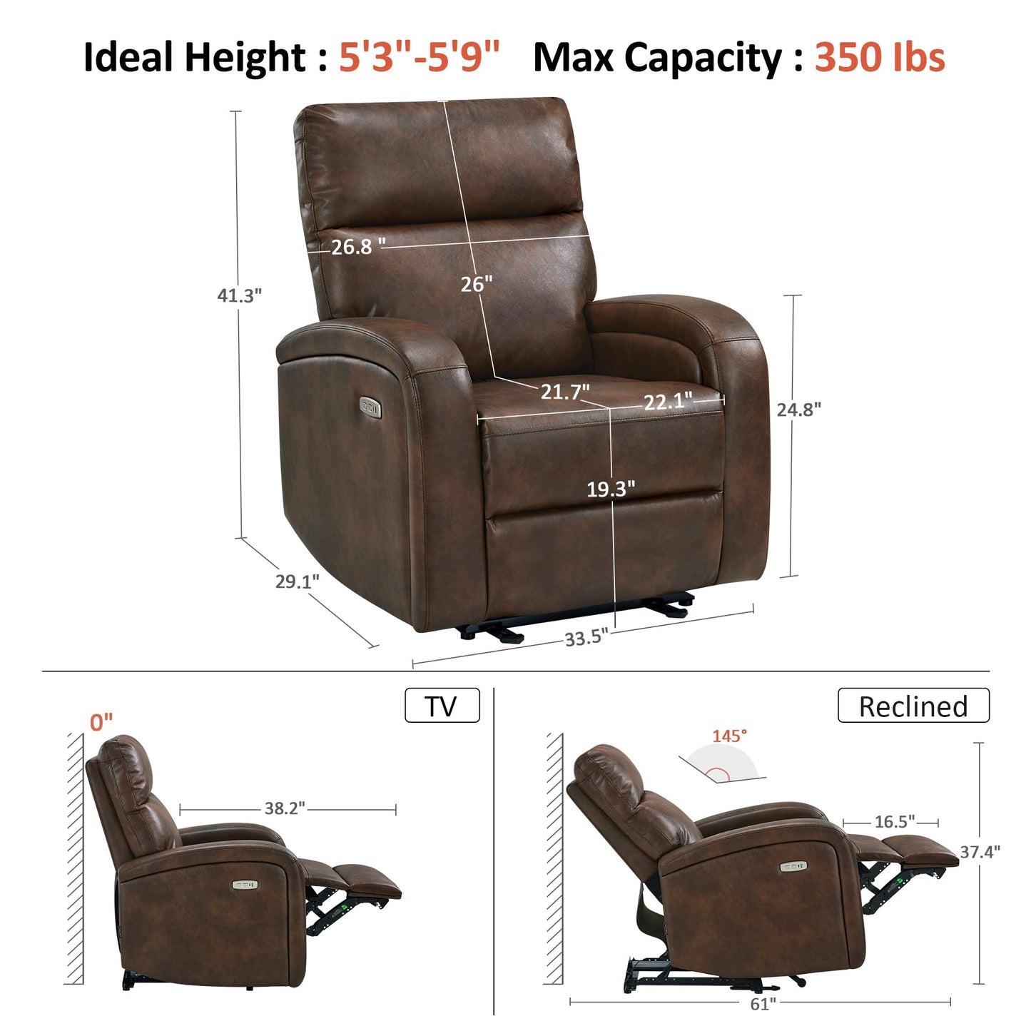MCombo Zero Wall Recliner Chair, Power Wall Hugger Recliner with USB & Type-C Dual Charge Ports for Small Space, Living Room, RV PR644 (Dark Brown)
