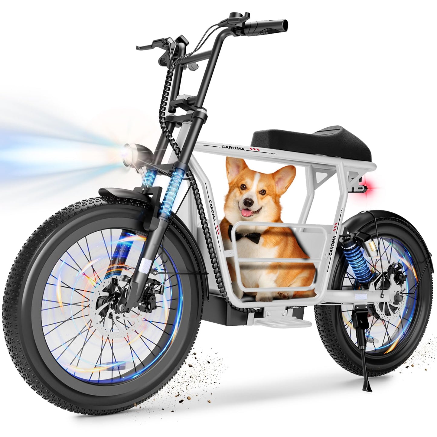 Caroma Electric Scooter for Adults with Seat Peak 1000W, 20" All-Terrain Fat Tire Electric Bike,Dual Shock Absorbing, 25 Miles & 20MPH Top Speed E-Scooter with Basket for Pet&Cargo,White