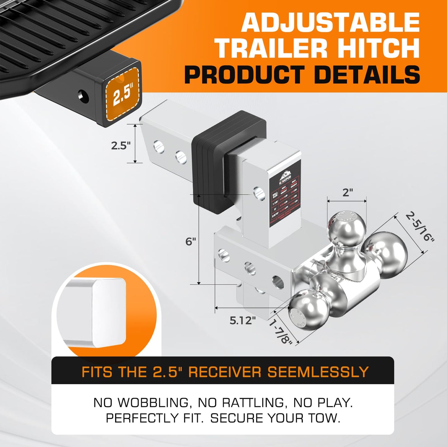 Kingfun Adjustable Trailer Hitch - Drop Hitch 2.5 Inch Receiver, 6 Inch Drop/Rise Tow Hitch, Tri Ball (1-7/8", 2" & 2-5/16" Ball), 18500 Lbs Gtw Aluminum Heavy Duty Hitch with Anti-Theft Pin- (Silver)