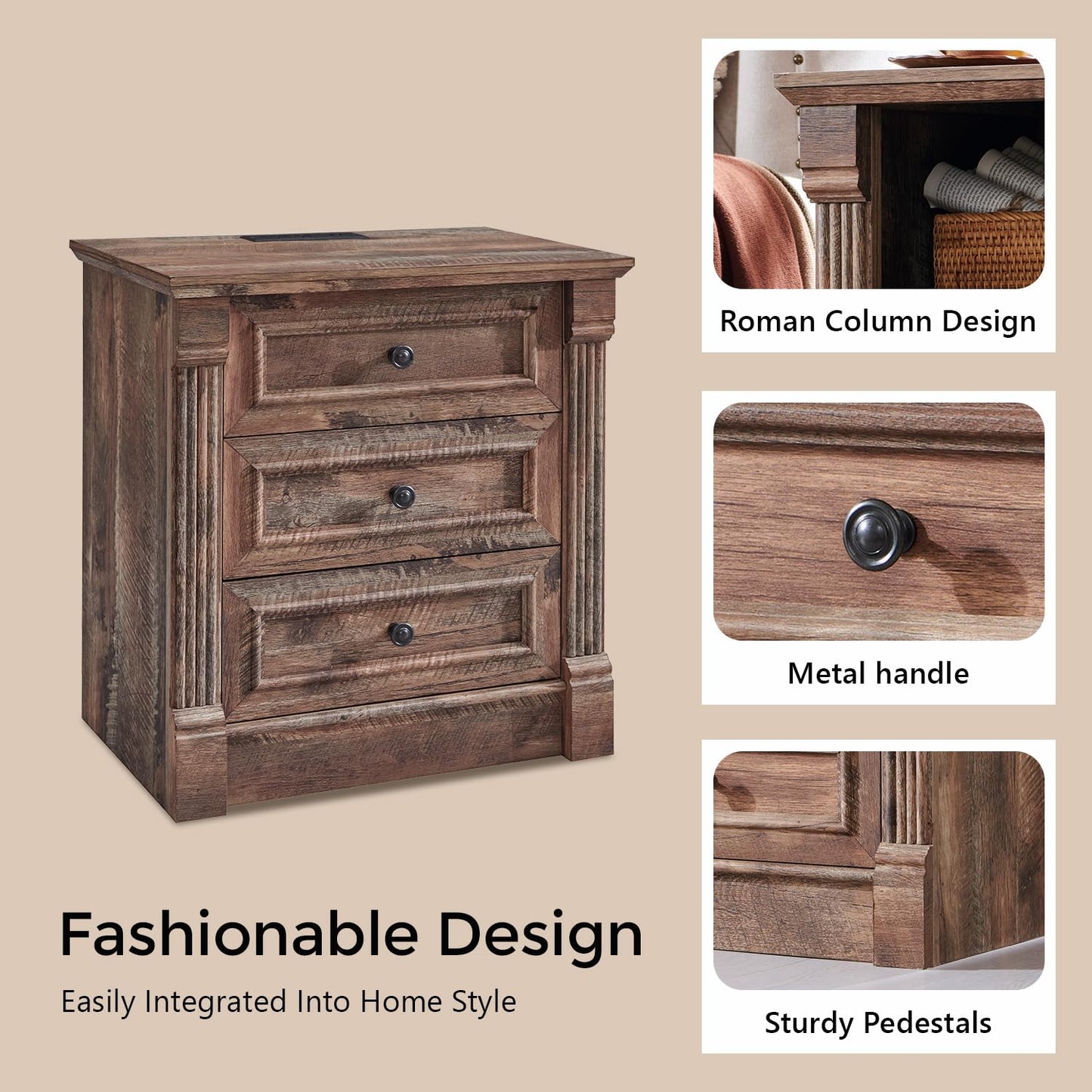 Aitjunz 26" Tall Farmhouse Nightstand, 3 Drawers End Table w/Charging Station, 23.6" Wide Large Side Table w/Roman Column, Wood Rustic Sofa Table for Bedroom, Light Brown